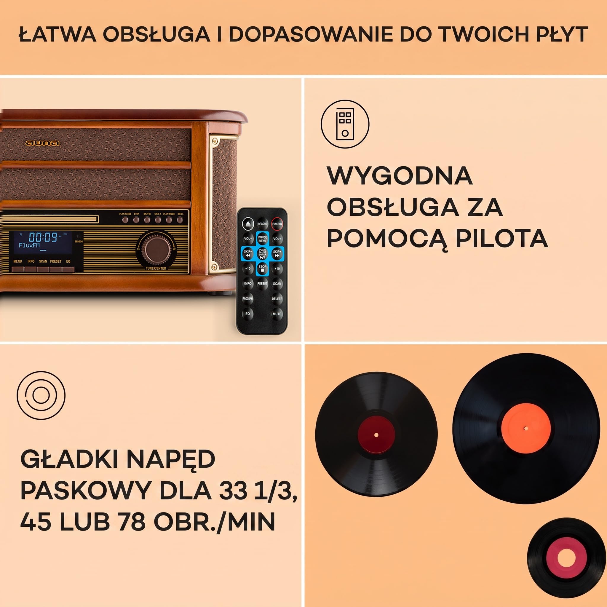 auna Belle Epoque 1908 - wieża retro, gramofon, system stereo, radio cyfrowe, tuner MP3, RDS, kaseta, port USB, CD, DAB+ i Bluetooth, brązowy