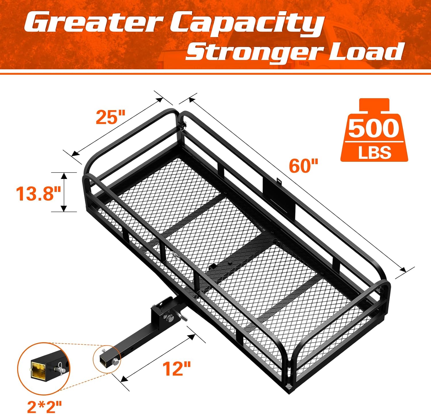 Wildroad Hitch Cargo Carrier with Bike Rack 60" x 24" x 14" Folding Trailer Hitch Cargo Carrier 500 LBS Capacity for Standard, Fat Tire and Electric Bike Fits 2" Receiver 60" Basket+Bike Rack