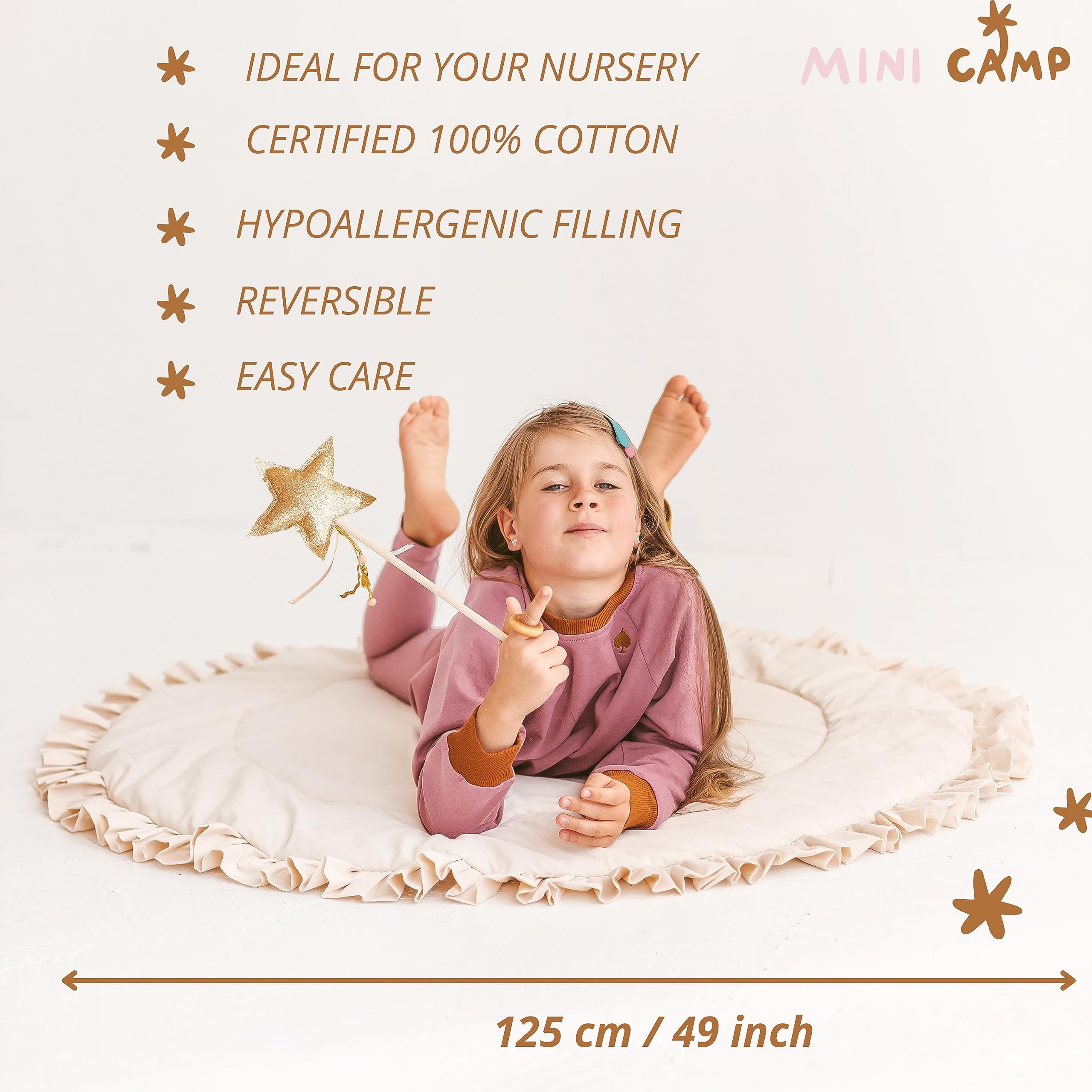 MINICAMP Tappeti per il gioco a pavimento realizzati con cotone naturale, Morbido tappeto imbottito con bordo arricciato-Tappetino rotondo per teepee da 125 cm di larghezza (Ecru)