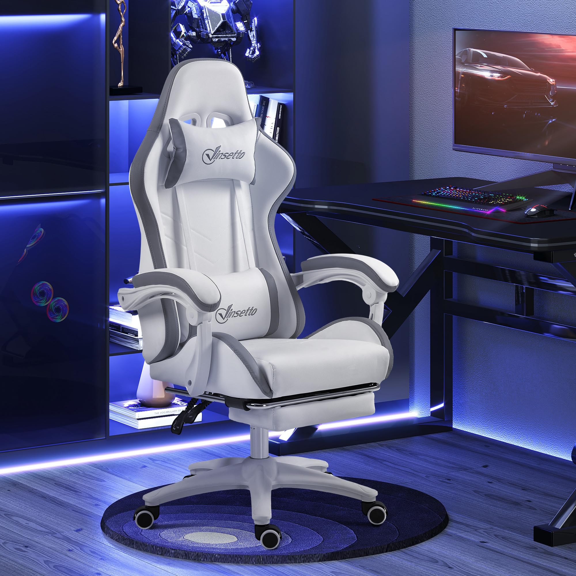 Vinsetto Gaming chair Sedia da gioco ergonomica con poggiapiedi telescopico, schienale reclinabile a 135°, poggiatesta e supporto lombare regolabili, sedia da ufficio girevole a 360° in similpelle,