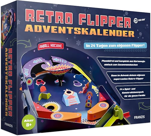 Detailaufnahme des FRANZIS Retro Flipper Adventskalenders mit vorgestanzten Kartonteilen.