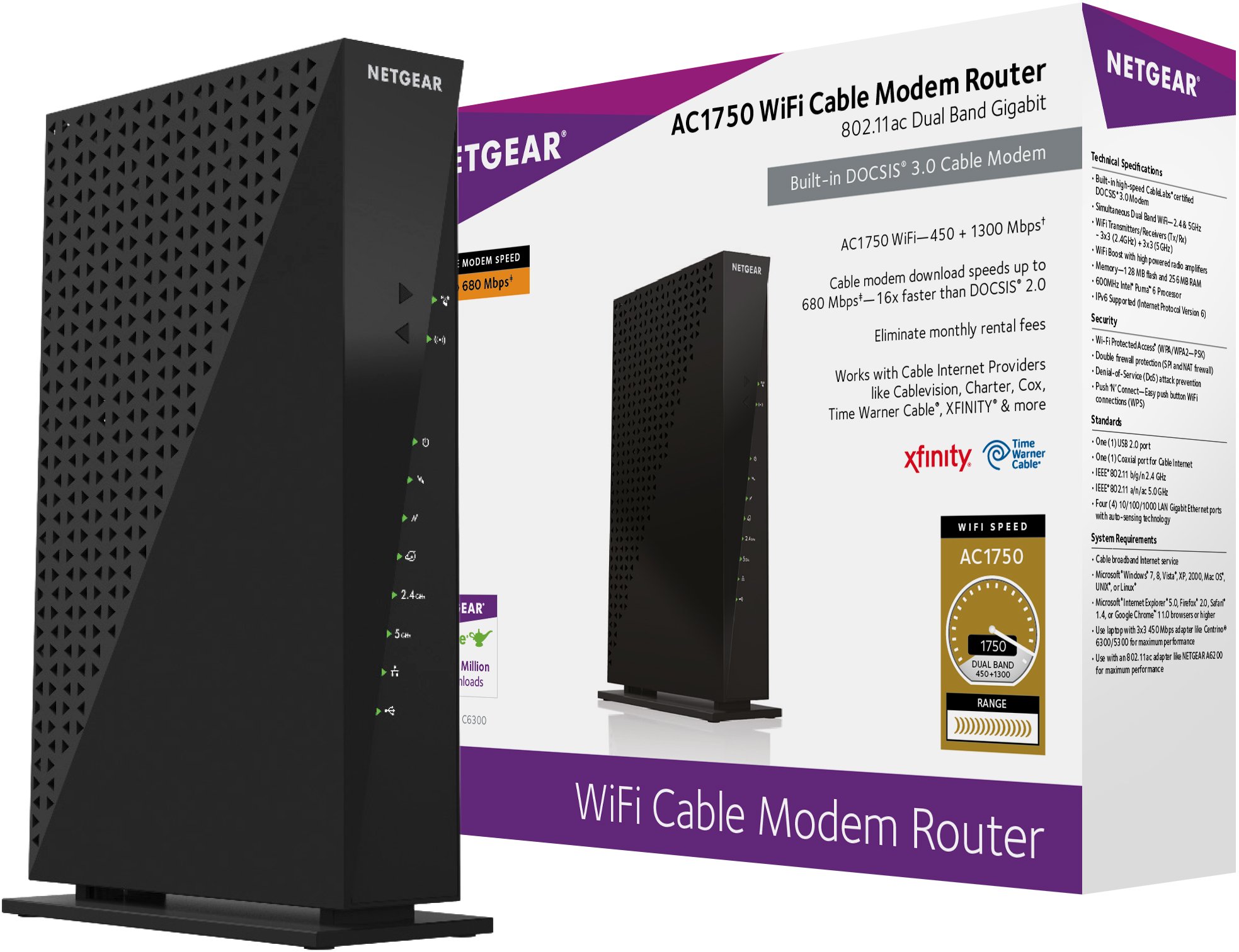 NETGEARCable Modem WiFi Router Combo C6300 | Compatible with Cable Providers Including Xfinity by Comcast, Spectrum, Cox for Cable Plans Up to 400Mbps | AC1750 WiFi Speed | DOCSIS 3.0