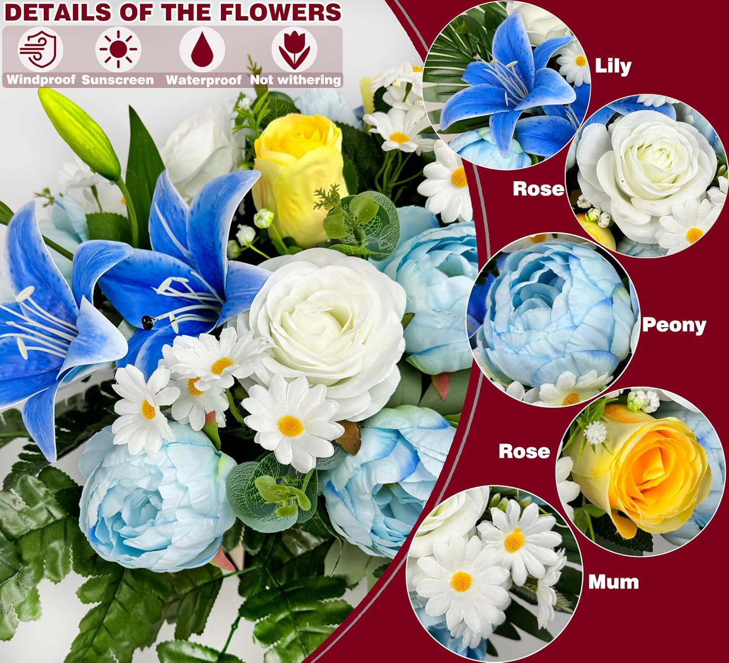 Cemetery Flowers Saddle and Headstone Flower Saddle - Blue Rose Hibiscus Daisy Lily for Headstone Decorations, Sympathy & Memorial Tributes