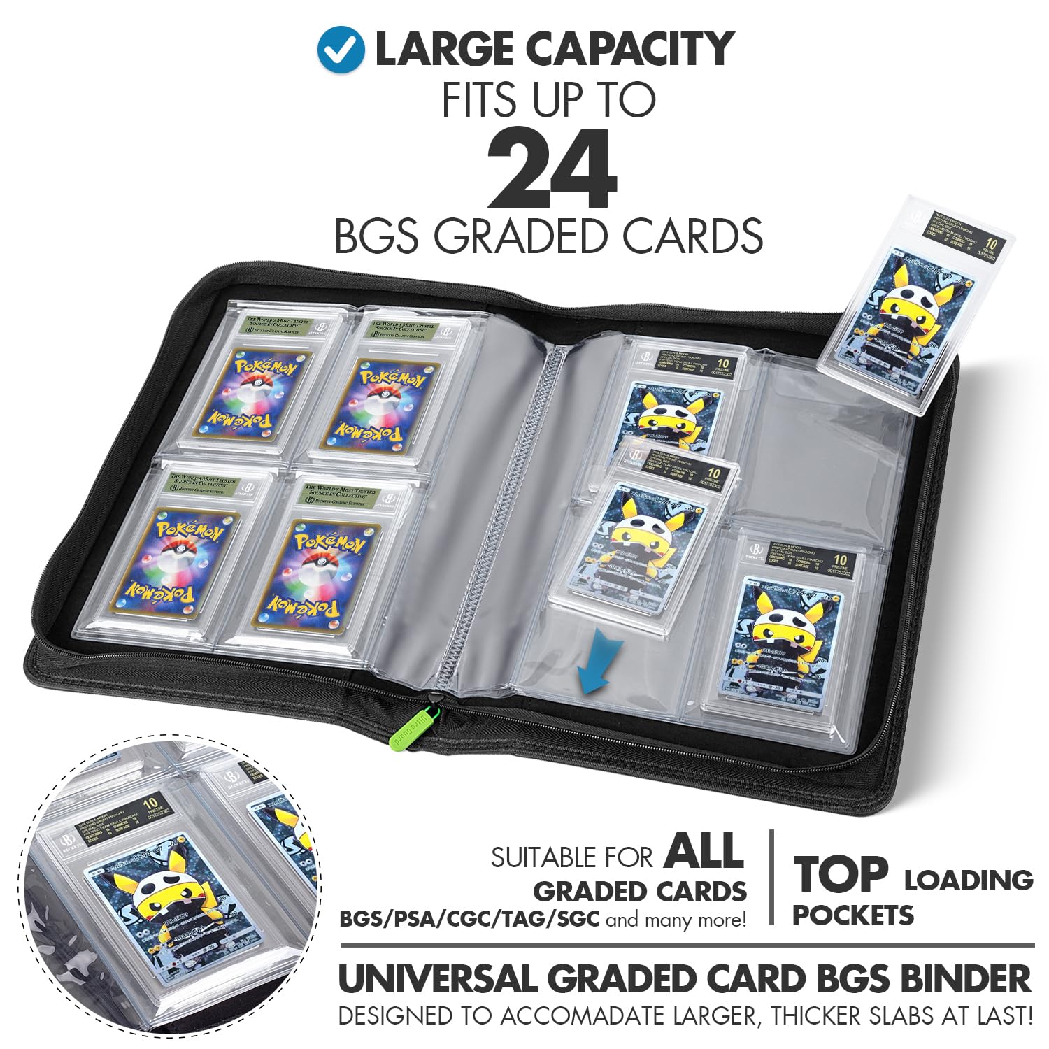 FunGuys Classeur pour cartes graduées, 24 supports de plaques, 4 poches de rangement pour dalles, album de présentation, fermeture éclair, classeur de collection pour MTG