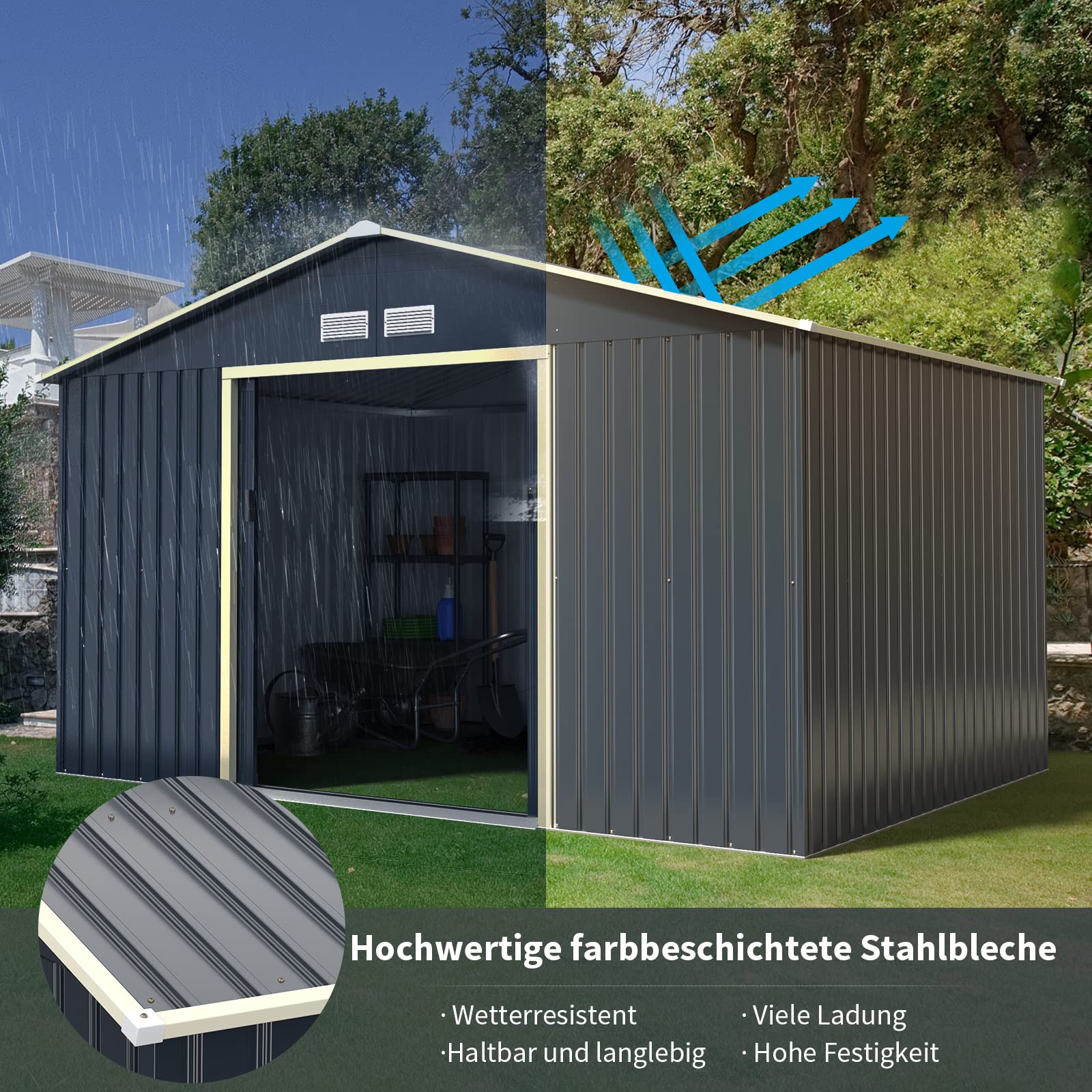 COSTWAY Gerätehaus Metall, 340x255x210 cm, Geräteschuppen abschließbar mit 4 Luftschlitzen & Schiebetür, Garten Schuppen für Rasenmäher Fahrräder, Metallschuppen Outdoor