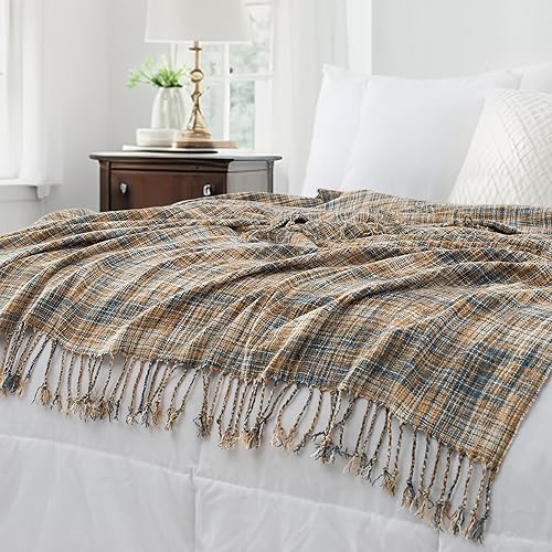 Miniatura 6 de Manta de Chenille para Sofá con Borlas, 50"X60" Suave Ligera Tejida Boho Decorativa para Cama y Sofá, Azul y Amarillo