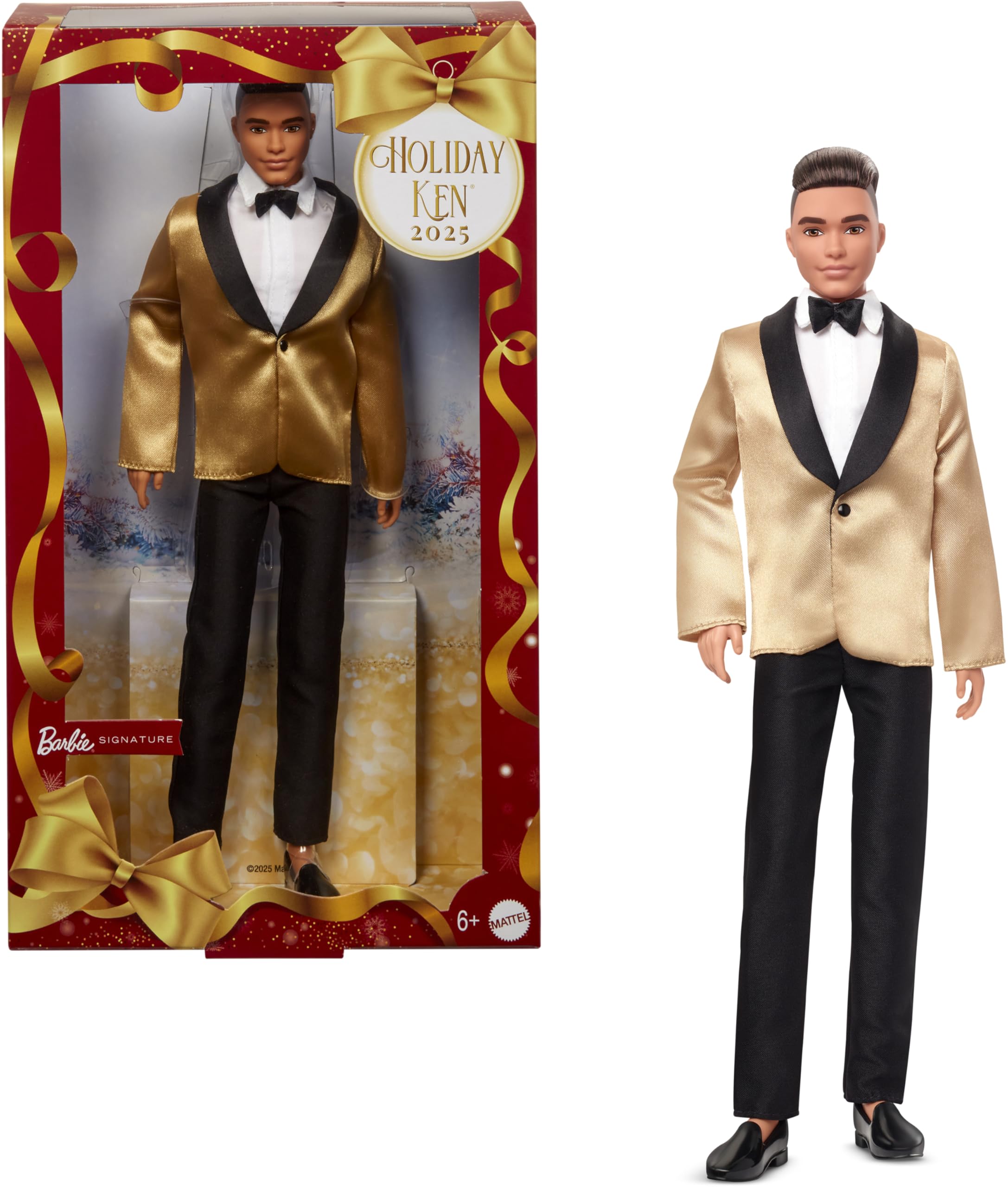 Barbie Signature 2025 Holiday Light Brown Hair Ken Collectible Fashion Doll Wearing Full Suit with Golden Jacket in Displayable Packaging & Stand