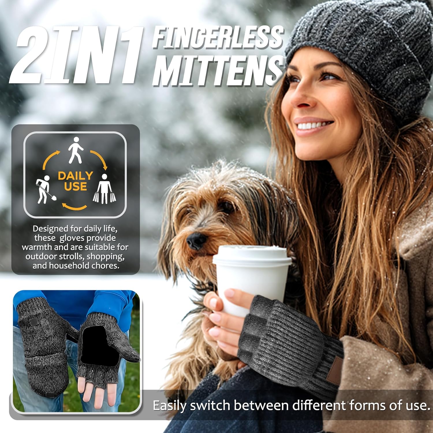 Condition photo showing New/Like New for Winter Thermal Fingerless Gloves Mittens, Knitted Convertible Mittens Flap, Warm Gloves for Women and Men Medium Light Grey