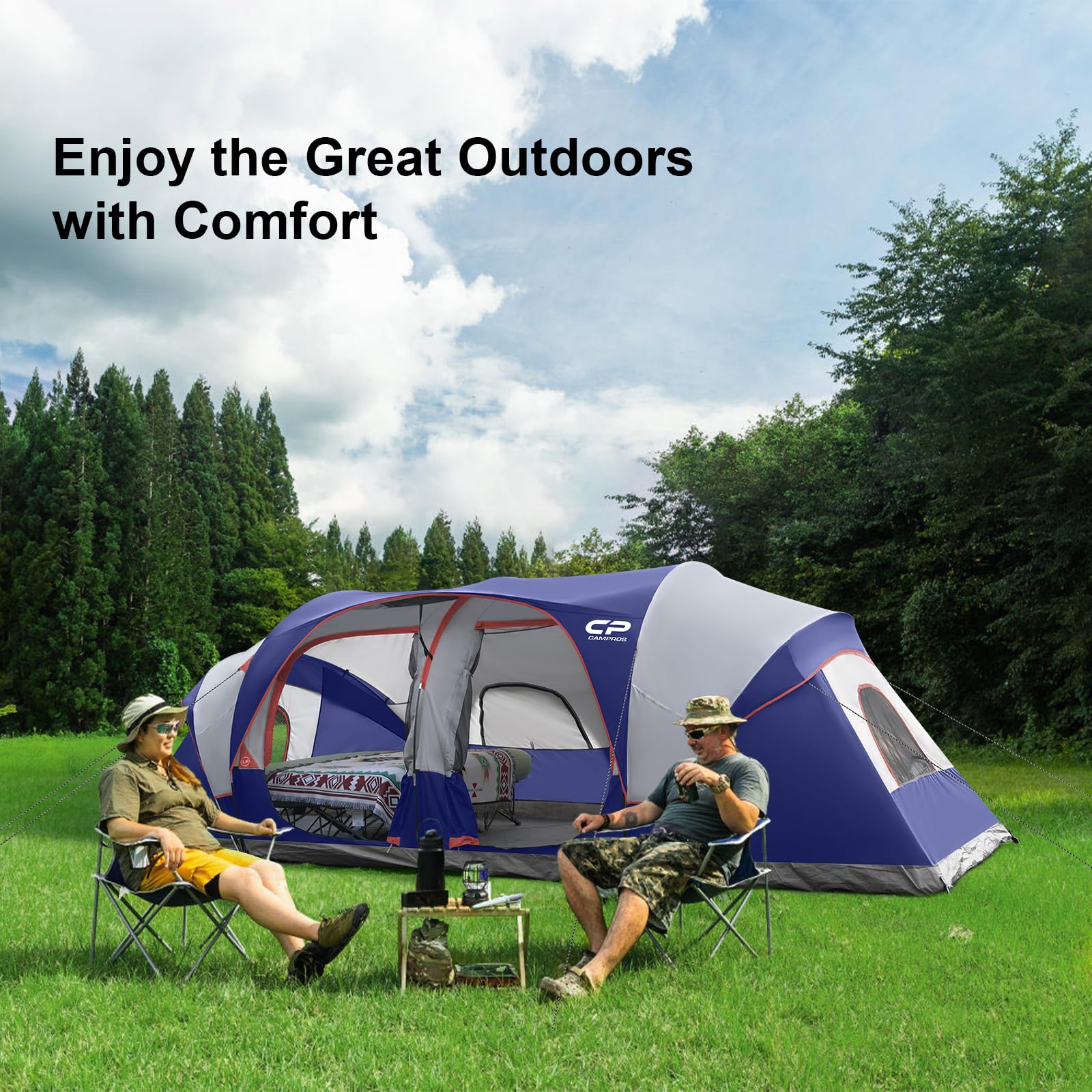 CAMPROS CP Tienda de Campaña Familiar para 12 Personas 610 x 274 x 183 cm, Tienda Grande Impermeable con 3 Habitaciones, Ventanas de Malla, Montaje Rápido, Ideal para Camping y Glamping