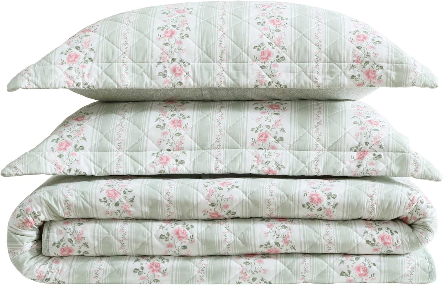 Laura Ashley - Queen Quilt Set, Soft & Reversible Cotton Percale Bedding, 3 Piece Floral Bed Set with Matching Pillowcases (Rosebud Stripe/Whitaker Vine Green)