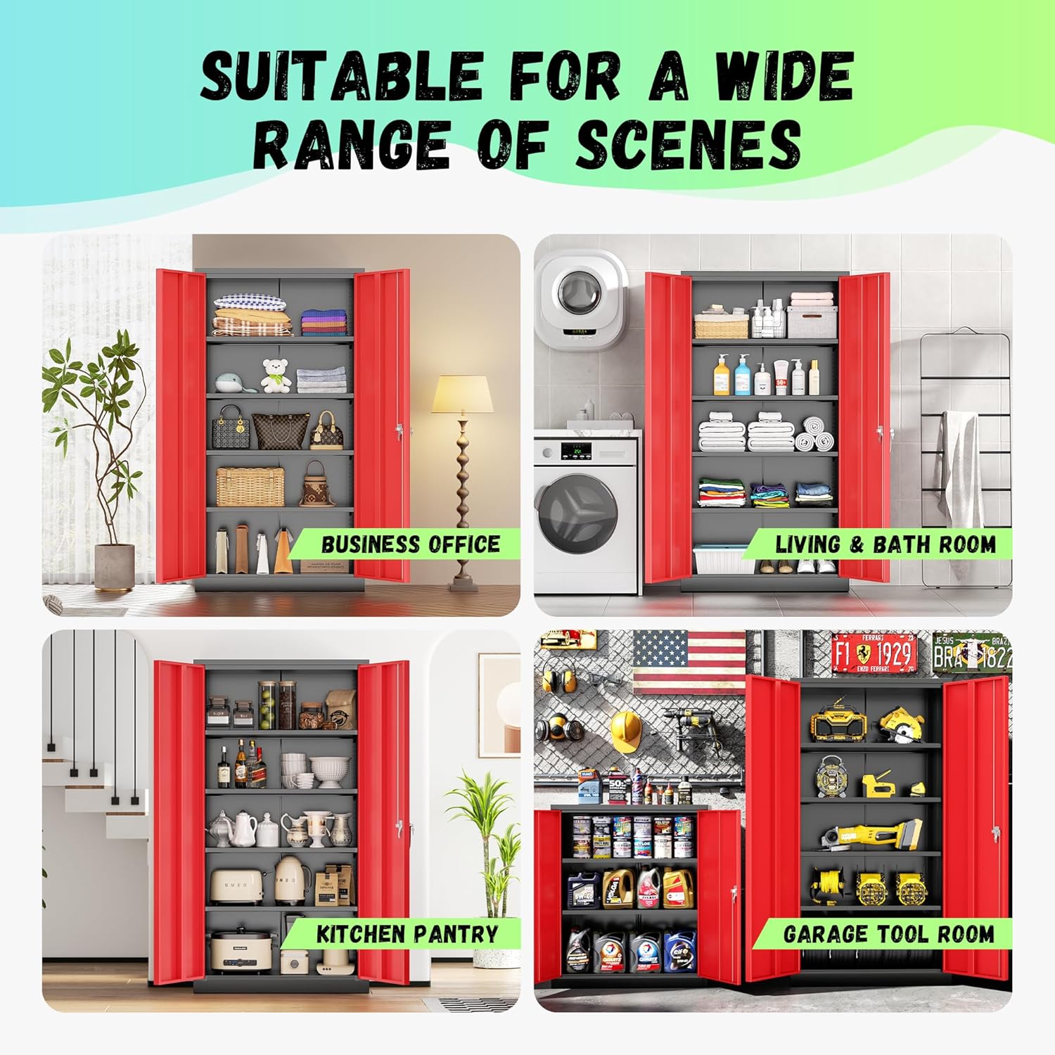 SUNCROWN 72" Metal Storage Cabinet - Heavy-Duty Metal Garage Cabinet with 4 Adjustable Shelves & 2 Doors for Tools, Office, Home, Workshop,Black & Red