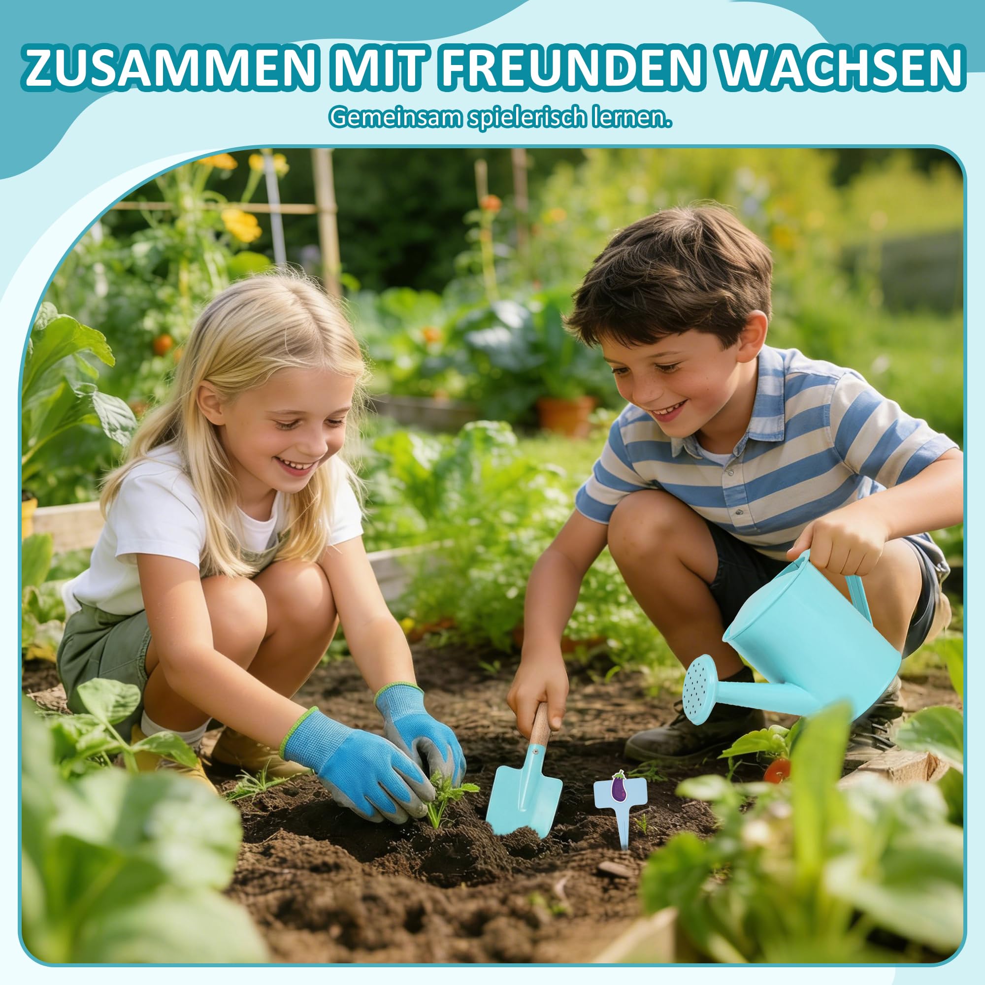 cossy Gartenset für Kinder, 13-teilige Gartenwerkzeug Set, Gartengeräte für Kinder Kleinkinder Jungen & Mädchen, Inklusive Tragetasche, Gießkanne, Schaufeln, Rechen, Gartenhandschuhe, Schürze, Blau