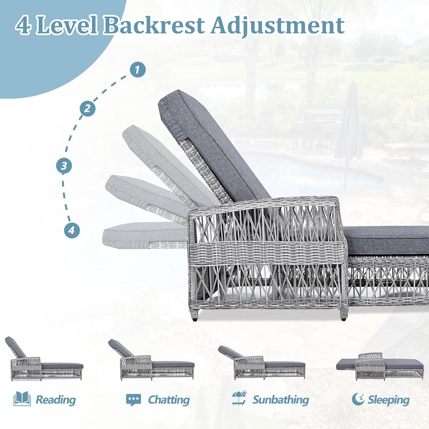 SOFTSEA Patio Rattan Chaise Lounge Chair, Outdoor Wicker Chaise Lounge with 4-Position Adjustable Backrest, Removable Cushions, All Weather Patio Recliner Lounge Chair for Poolside, Garden, Gray