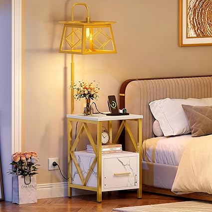 DWVO Floor Lamp with Table, Side Table Lamp with Outlets and USB Ports, 3-Color Temperature Table Lamps for Living Room, Bedroom, Modern Floor Lamp with Shelves, White & Gold