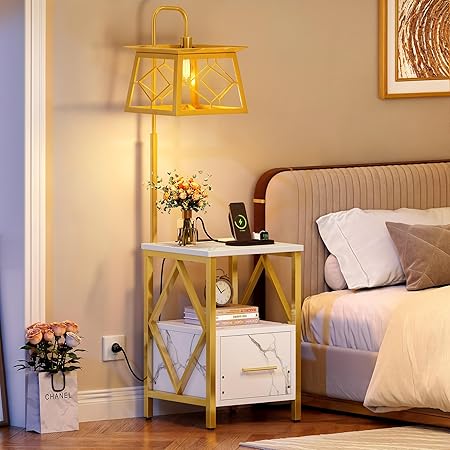 DWVO Floor Lamp with Table, Side Table Lamp with Outlets and USB Ports, 3-Color Temperature Table Lamps for Living Room, Bedroom, Modern Floor Lamp with Shelves, White & Gold