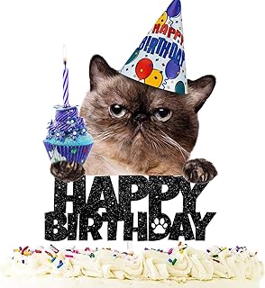 Cat Happy Birthday Cake Topper - Pet themed Party Black Glitter Decoration Supplies