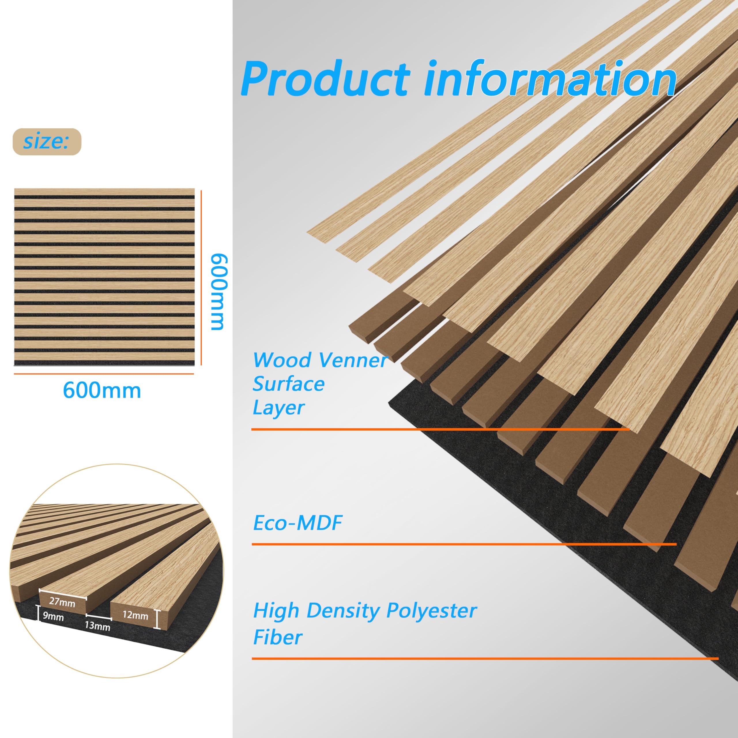 Conjunto de 4 paneles acústicos decorativos de MDF con revestimiento de fieltro – Revestimiento decorativo y fonoabsorbente para interiores y estudios 60 x 60 cm roble claro