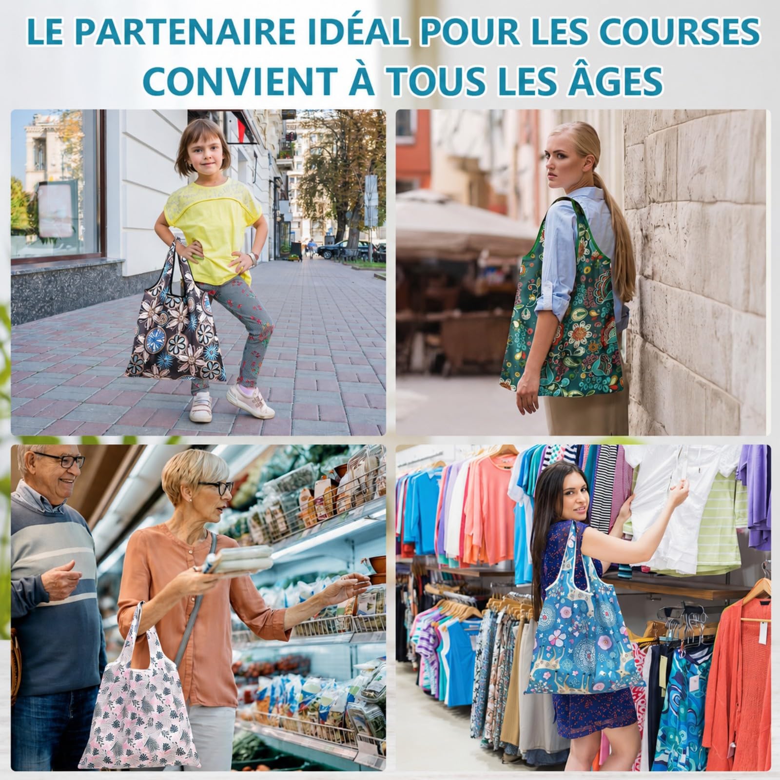 Lot de 24 Sacs Shopping Pliables Réutilisables, Grands Cabas Étanches et Lavables avec Pochette, Sacs Écologiques pour Femmes, Courses, Voyage et Activités en Plein Air - Motifs Floraux