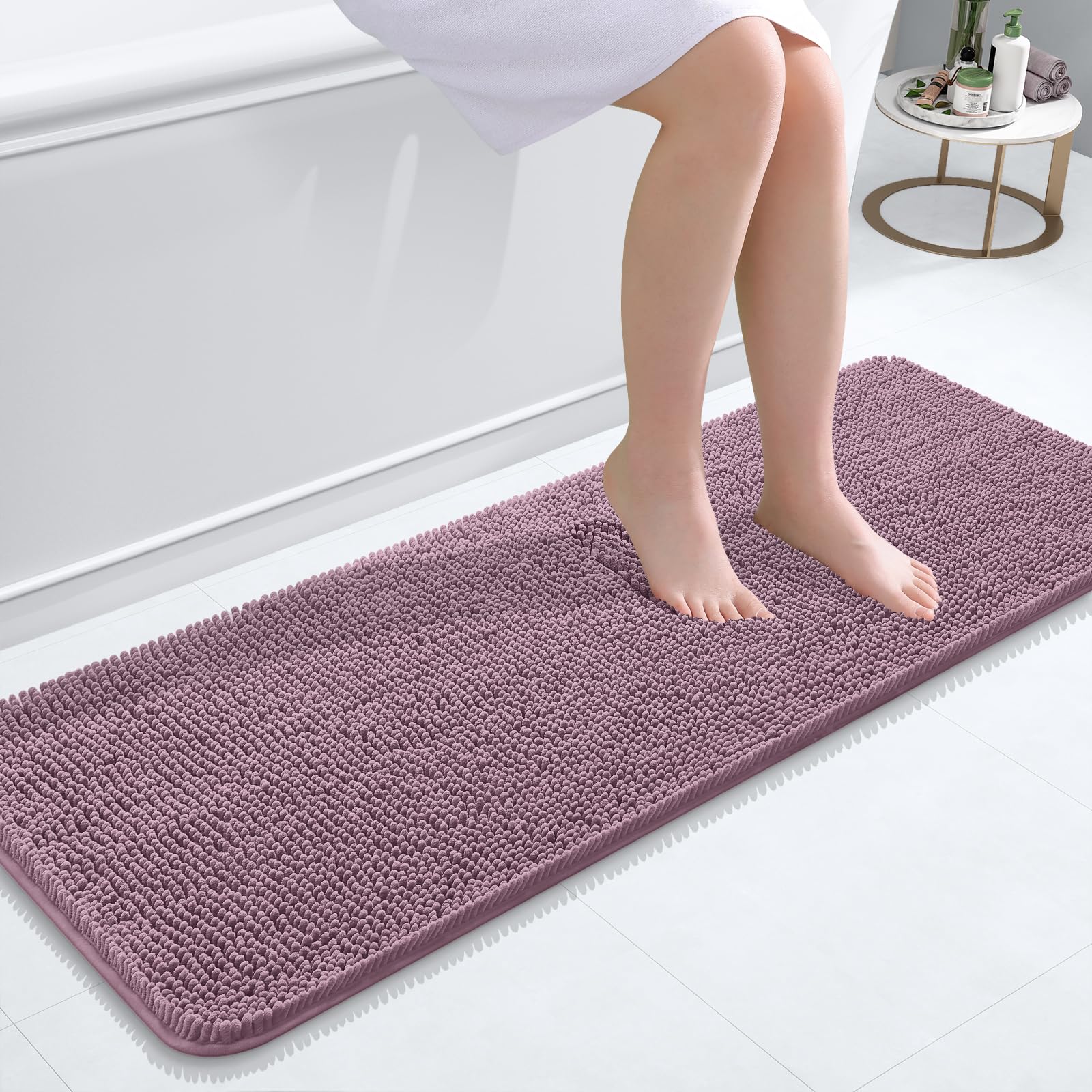 OLANLY Bathroom Runner Rugs 47x17, Extra Soft Absorbent Chenille Bath Rugs | Deep Plum, Quick-Drying Rubber Backing, Washable Long Bath Mat for Bathroom Floor, Tub and Shower, Home Decor Accessories