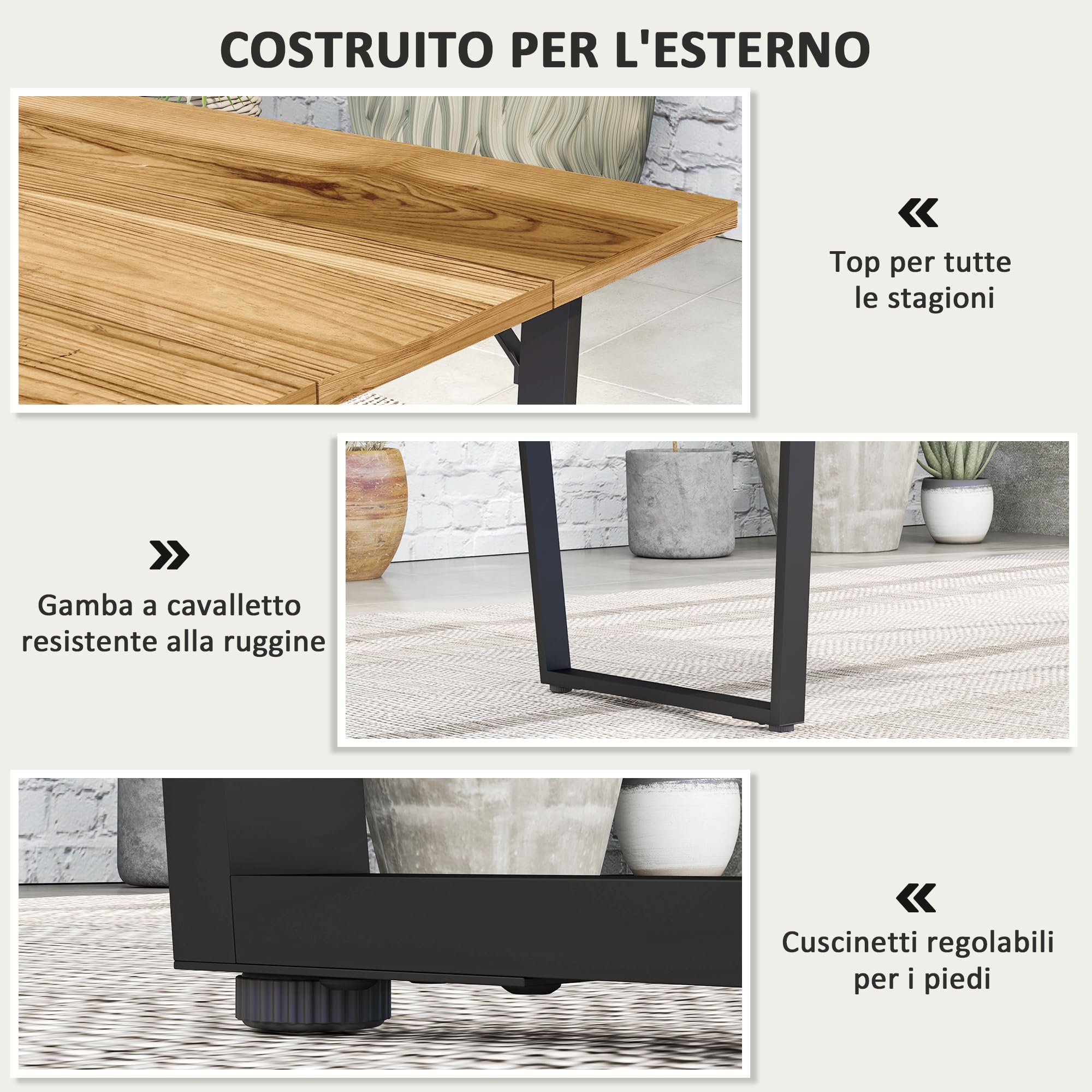 Outsunny Tavolo da Giardino per 6 Persone con Foro per Ombrellone, Tavola da Pranzo Rettangolare in Legno e Acciaio, Per Patio, Terrazzo, Balcone ed Esterno, 175x80x75 cm, Marrone