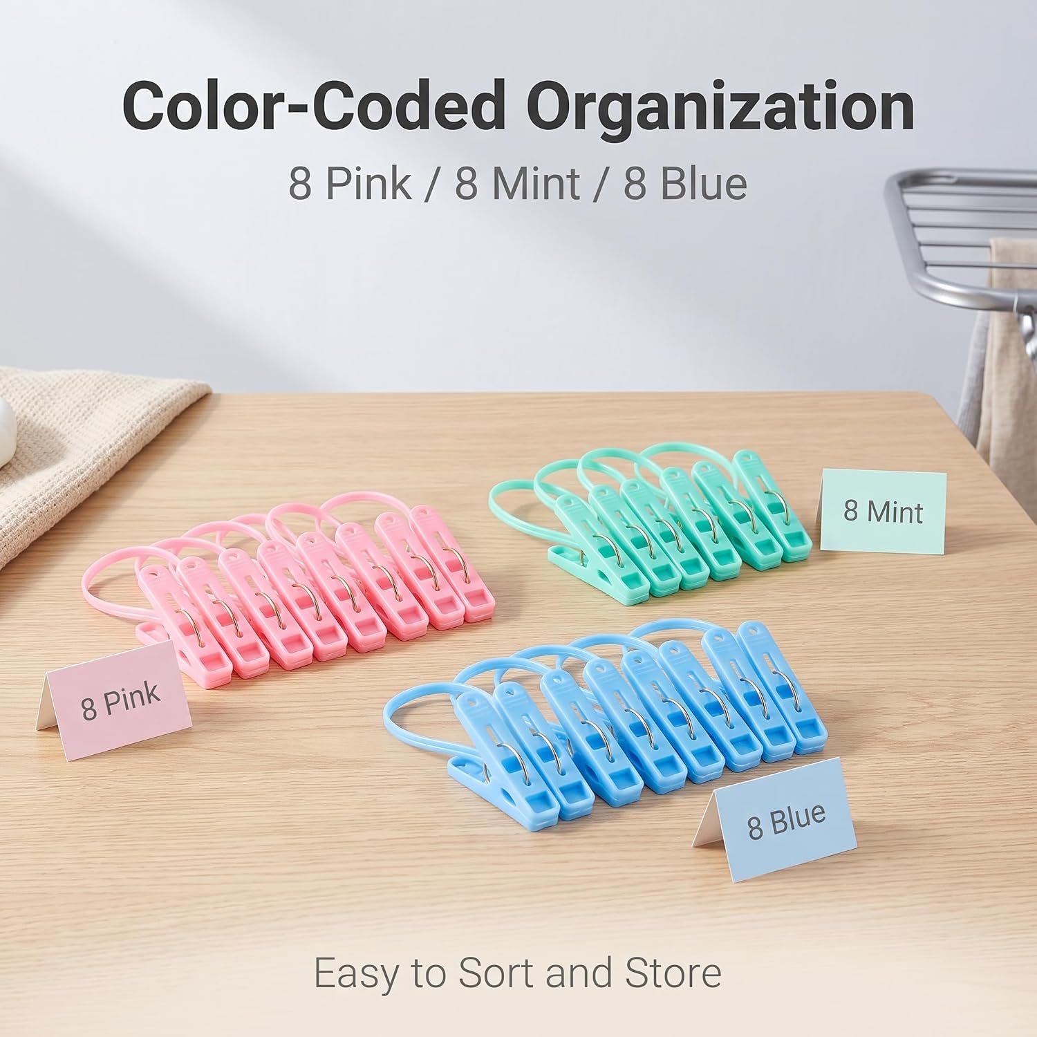 24 Pack Plastic Clothespins with Hanging Rope, Drying Clothing Clips Hooks