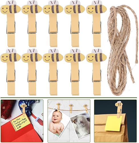 Miniatura 4 de ABOOFAN 30 pinzas para la ropa con cuerda de madera con clips de fotos de abeja para colgar fotos, ropa, manualidades, artes al aire libre e interior