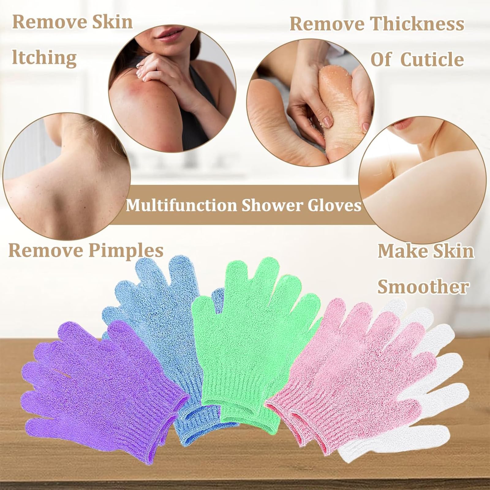 KEYRI Lot de 10 Gant Exfoliant Corps, Gants Gommage Corps Doux Gant Exfoliant Visage pour Hommes Femmes Et Enfants Gants De Bain à Cinq Doigts pour Exfoliation Douche (Blanc+Rose+Violet+Vert+Bleu)
