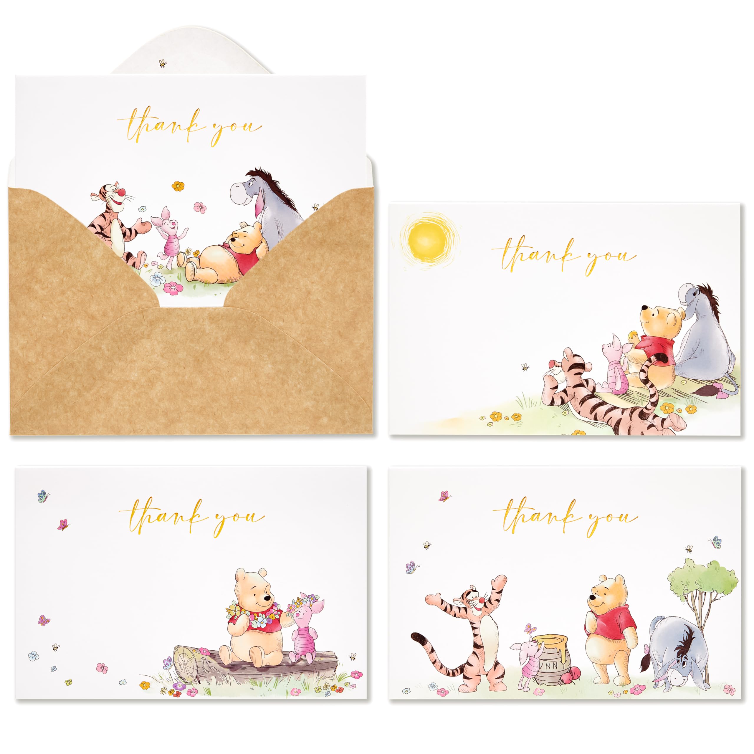 Crisky Gold Foil Winnie the Pooh Thank You Cards with Envelopes and Stickers, 50 Pack Animal Thank You Cards for Baby Showers, Birthdays, Friendsgiving