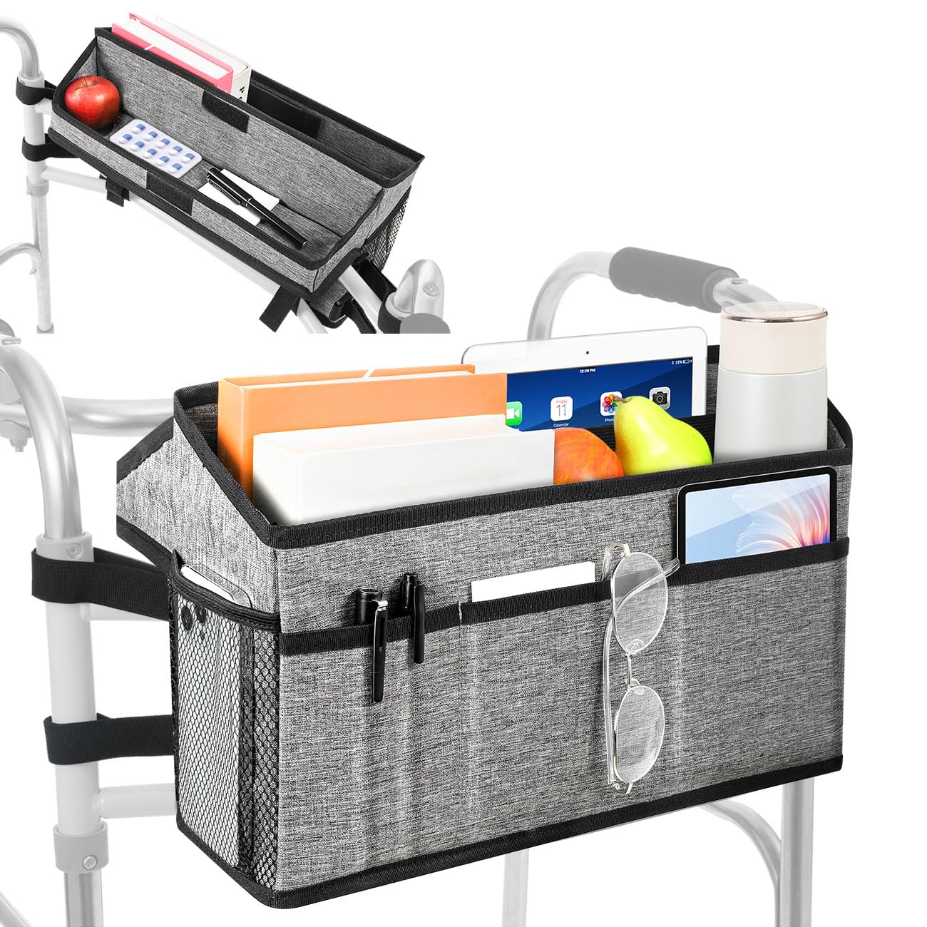 Rhino Valley Walker Basket for Folding Walker, Multi-Pocket Walker Tray with Cup Holder, Foldable Walker Bag, Large Storage Basket for Walker, Walker Accessories for Seniors, Gray