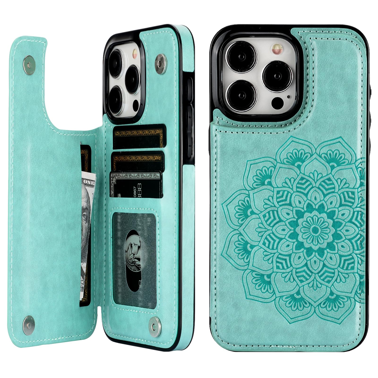 Vaburs Compatible with iPhone 15 Pro Max Case Wallet with Card Holder, Embossed Mandala Pattern Flower PU Leather Double Buttons Flip Shockproof Cover for Magnetic Car Mount 6.7 Inch (Green)