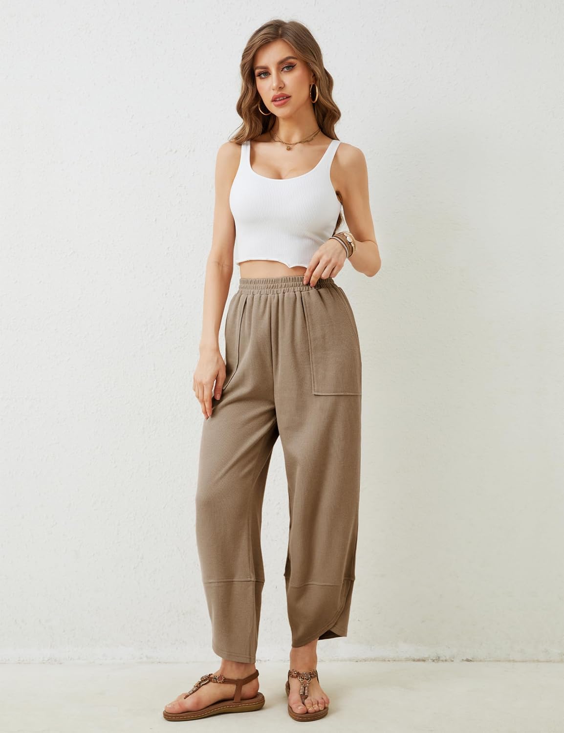 Faleave Women's Baggy Wide Leg Pants Elastic Waisted Casual Comfy Palazzo Harem Pants with Pockets - Image 5