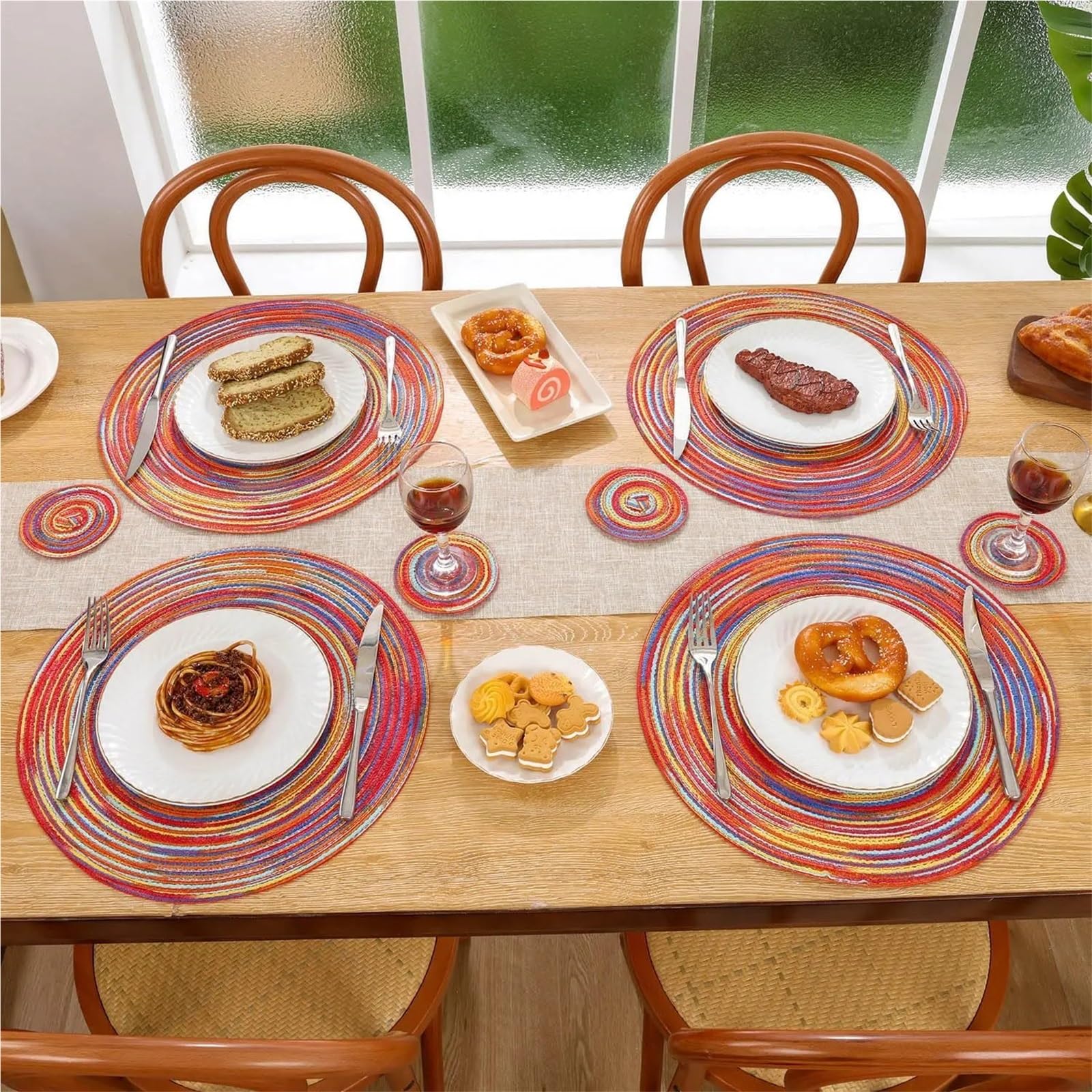 Set De Table Tressé Rond Napperon en Coton tissé Rond, 34/38cm, Tapis de Table résistants à la Chaleur, sous-Verres lavables(Rainbow Grey,Set of 6)