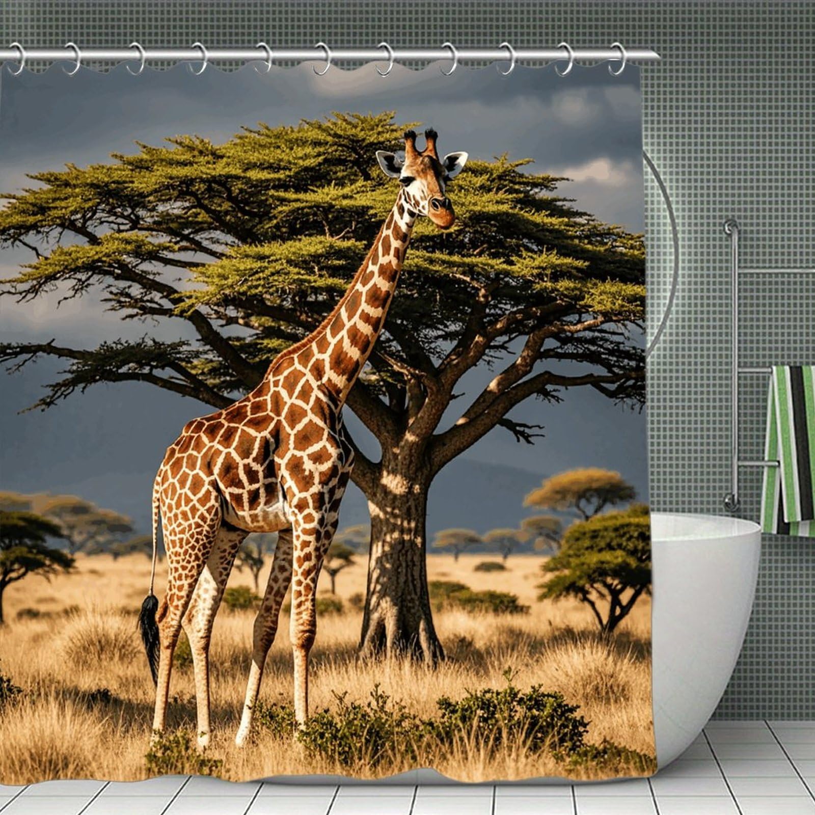 QMNLKH Africa Giraffe Majestic Tree Shower Curtain with Hooks, Waterproof Bath Curtains for Bathroom, Lightweight Bath Curtains Liner for Hotel, Personalized Bath Curtain for Spa, 70.8 Inch