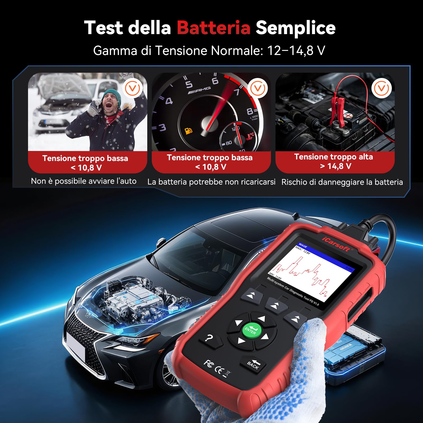 iCarsoft FD V1.0 OBD2 Auto Diagnostica per Ford/Holden, Diagnosi Auto Professionale in Italiano per Tutti i Sistemi, Ripristino dell'Olio, Calibrazione SAS, Test della Batteria, Aggiornamento a Vita