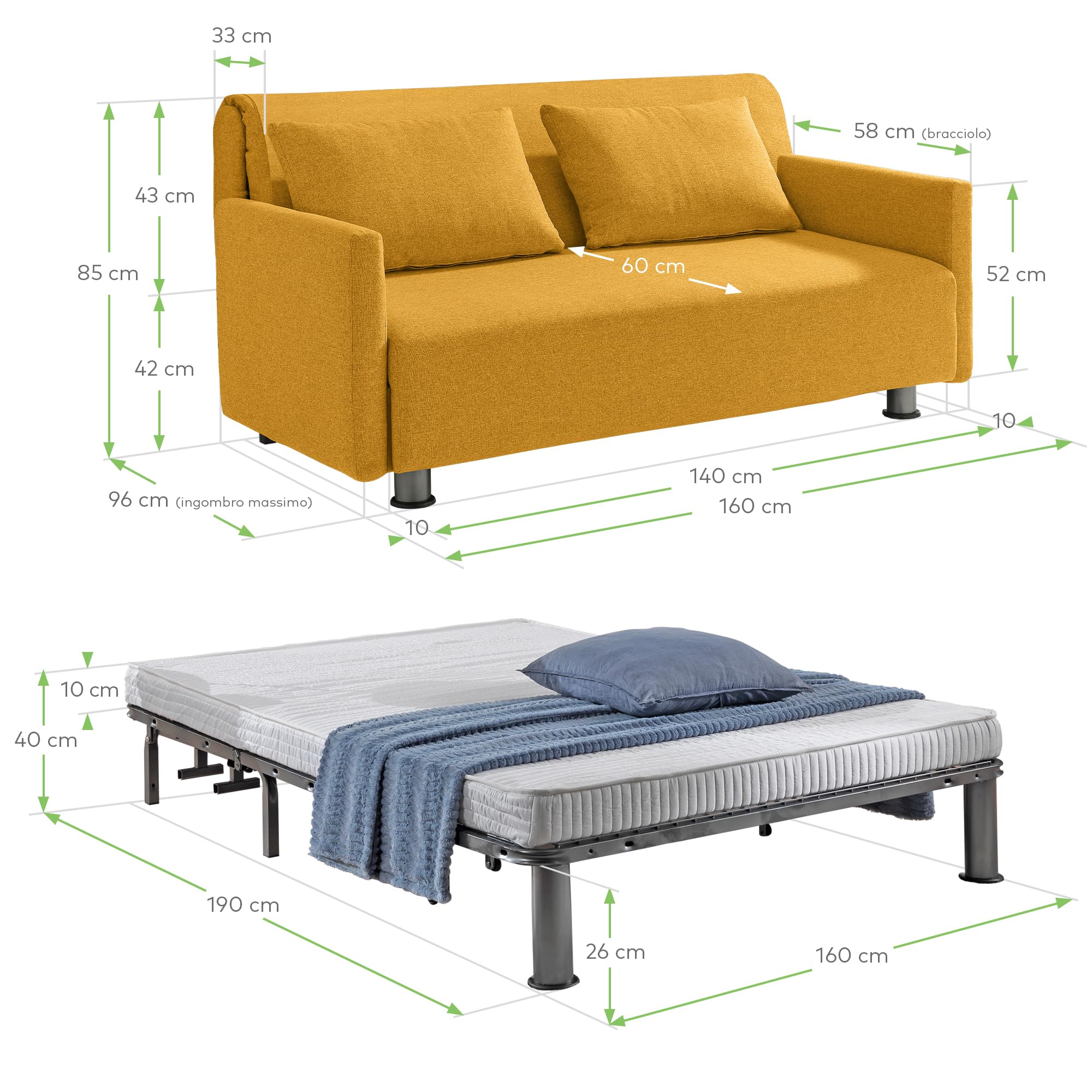 EVERGREENWEB Canapé-lit 2 Places Convertible en Lit avec Matelas 140x190 Effet Massant 0rthopédique, Extensible Sofa Bed Pliable, Housse Déhoussable et Lavable Couleur Jaune, 2 Coussins Inclus | EDITH