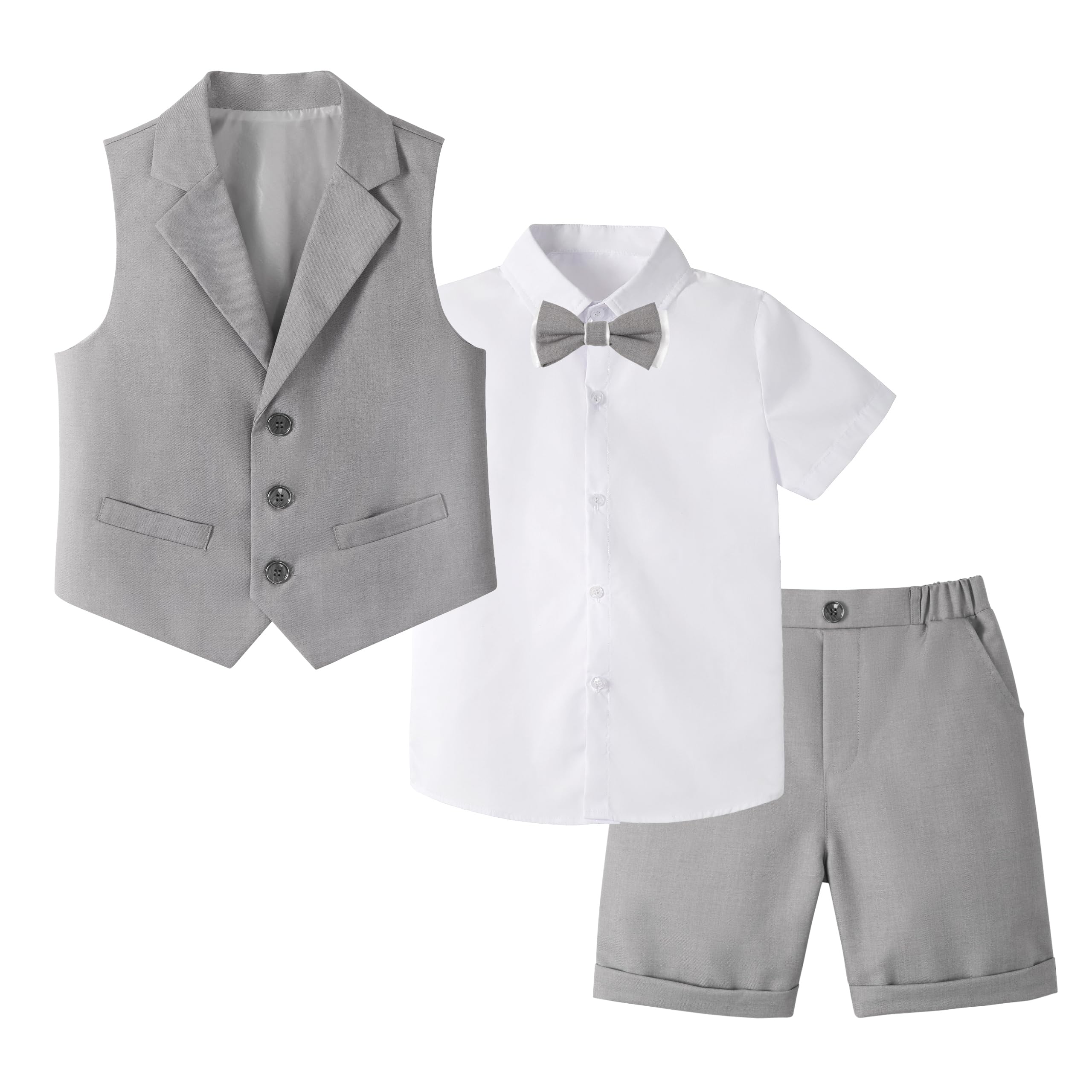 LOLANTA 4 Piezas Traje Corto de Boda para niños, Conjunto de Ropa de Ceremonia, Camisa + pantalón + Chaleco + Pajarita, 2-13 años