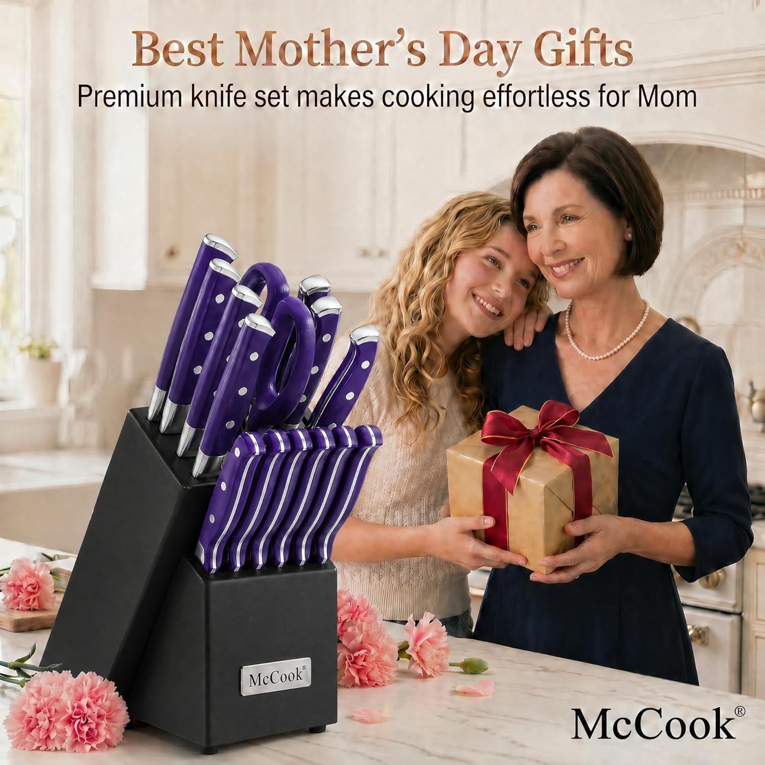 McCook MC27 14 Pieces Stainless Steel kitchen knife set with Wooden Block, Kitchen Scissors and Built-in Sharpener, Purple