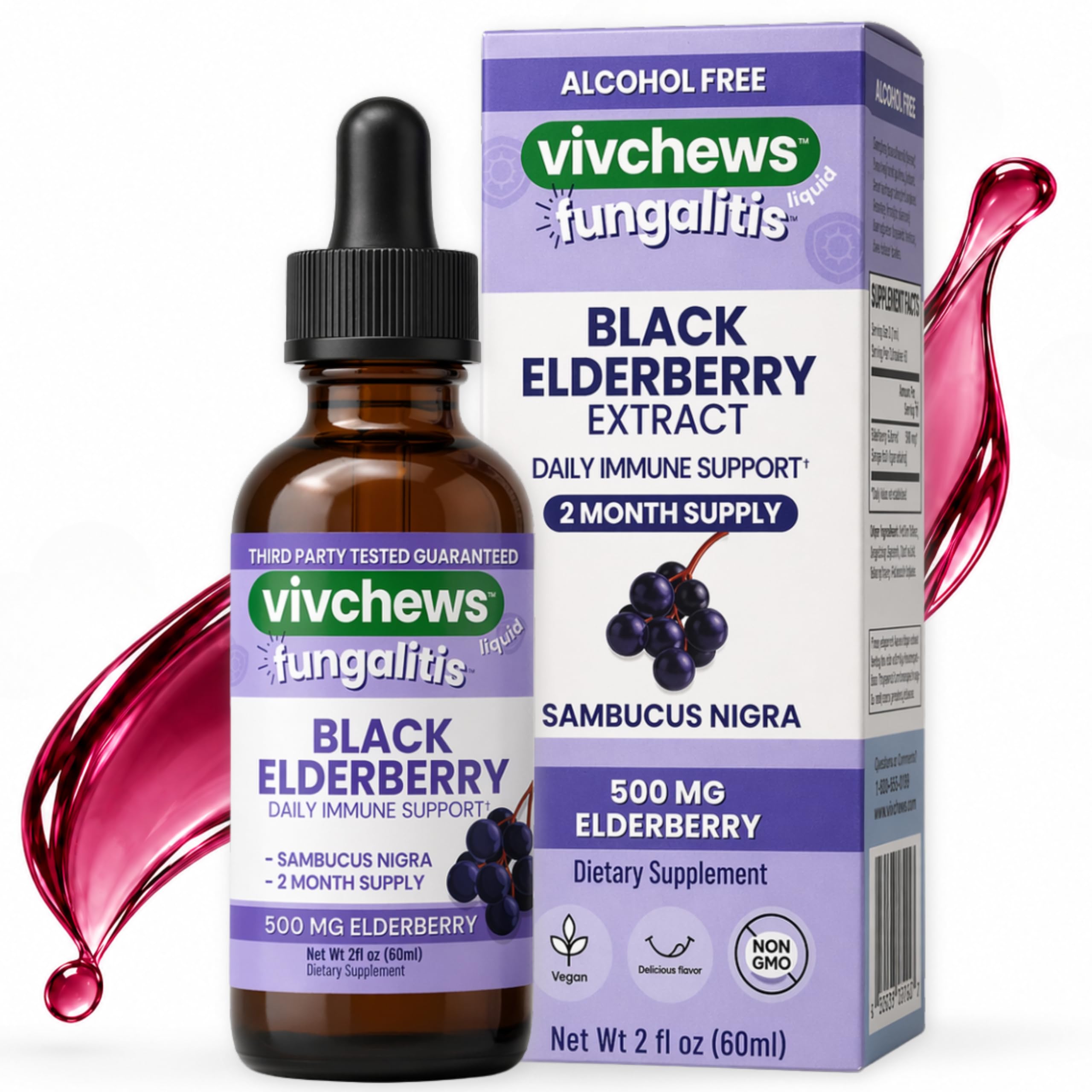 Vegan Liquid Black Elderberry – Immune Support, 500mg Black Elderberry Extract 10:1 (Sambucus Nigra), Alcohol-Free, Non-GMO, No Artificial Colors, Flavors or Sweeteners, 2-Month Supply