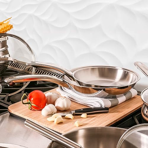 Miniatura 5 de Berghoff Sartén de acero inoxidable 18/10 con forma de vientre de 10.5 pulgadas de profundidad, 2.5 cuartos de galón, tapas de metal, rápido, calor