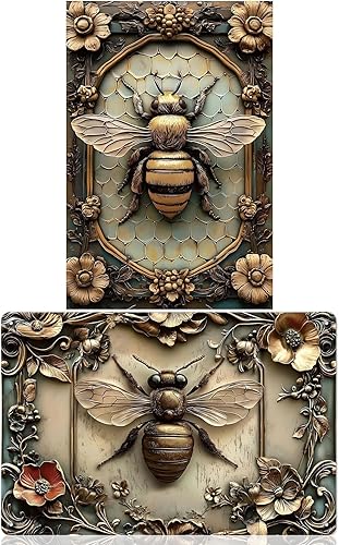 Letrero de metal de abeja 3D, juego de 2 piezas, póster de lata vintage, diseño retro 3D, decoración de pared para bar, cafetería, restaurante,