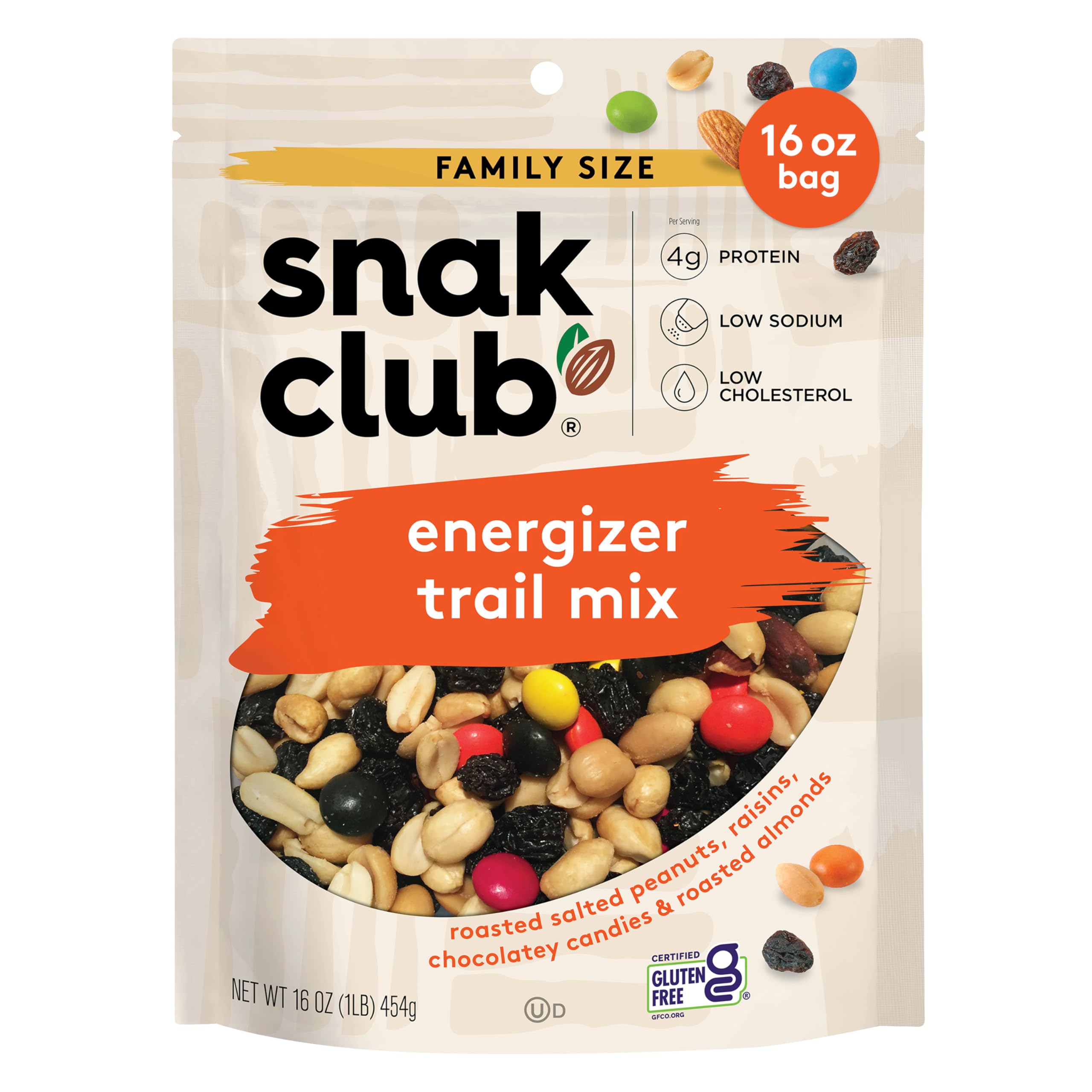 Snak Club Energizer Trail Mix with Roasted Salted Peanuts, Raisins, Chocolatey Candies, Roasted Almonds, Gluten-Free and Kosher Snack, 16 oz Resealable Bag