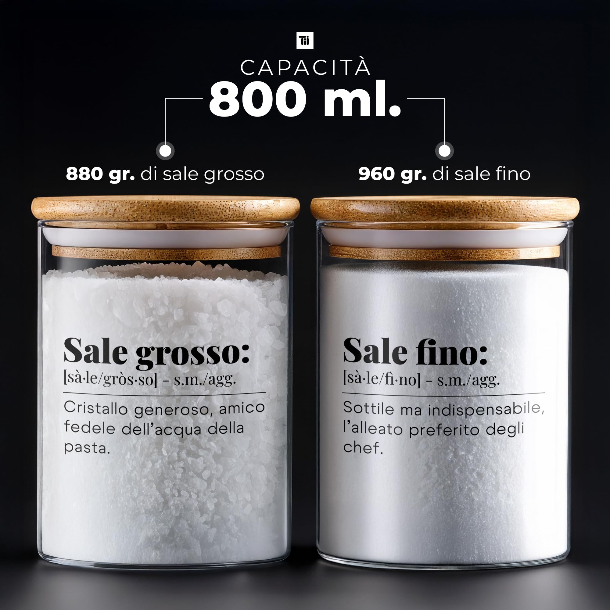 TUNDRA - Set 2 Barattoli Sale Fino e Grosso in Vetro Borosilicato con Chiusura Ermetica da 800ml - Porta Sale con Coperchio in Bambù, Contenitori Vetro Cucina Porta Spezie