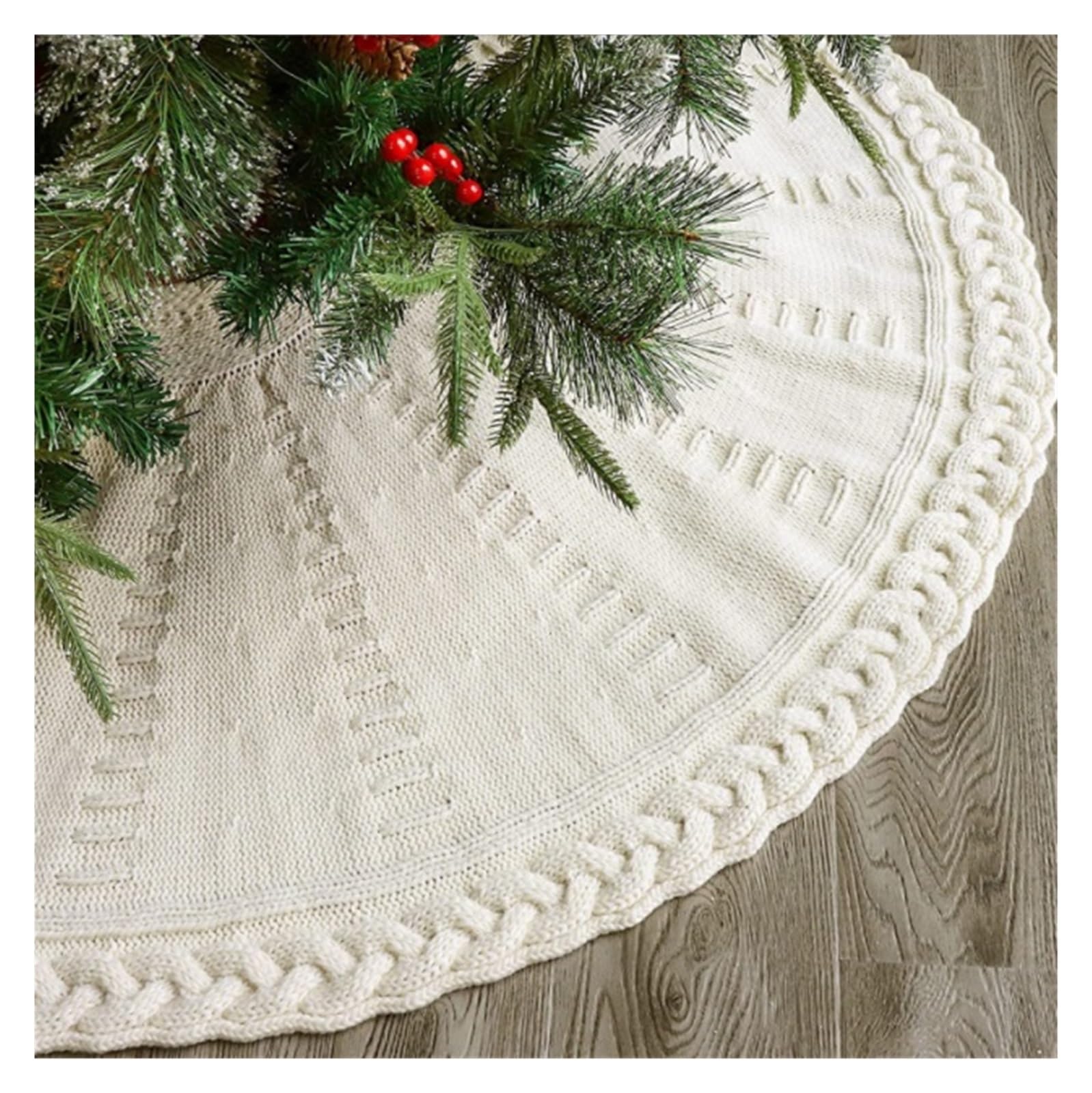 Tappeto Albero di Natale, Gonna per Albero di Natale da 48 Pollici Lavorata A Maglia Rustica A Trecce per La Decorazione Natalizia della Festa in Casa Festa Forniture(White)