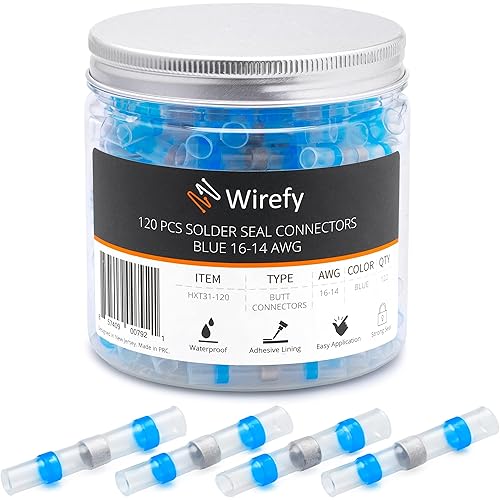 Wirefy 120 PCS Solder Seal Wire Connectors - Heat Shrink Solder Butt Connectors - Waterproof Solder Sleeves - Self Soldering Wire Connectors - Blue 16-14 AWG