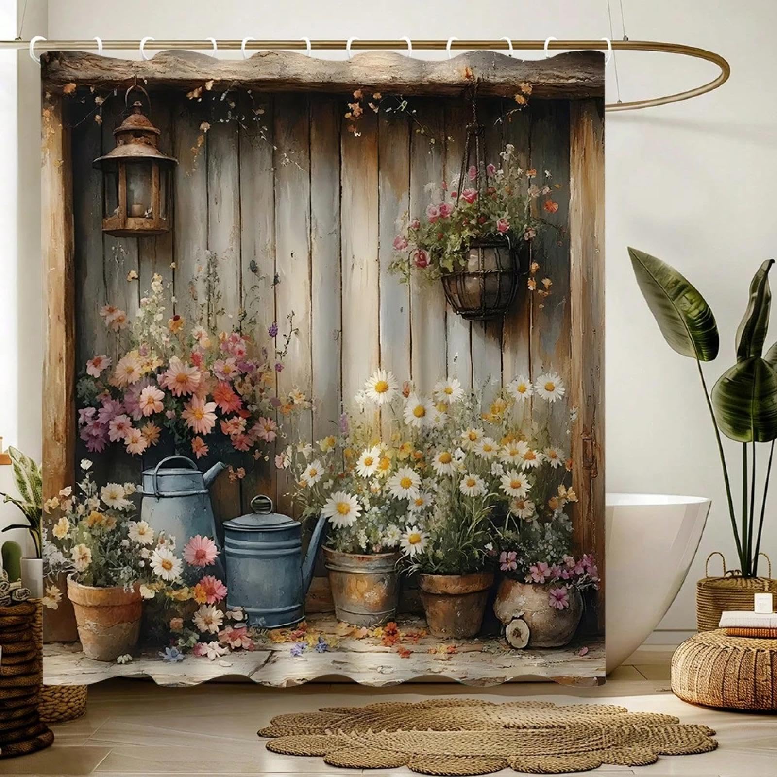 Rideau de douche fleuri vintage 120x175 et étagère rustique en bois décorative AXUWUH