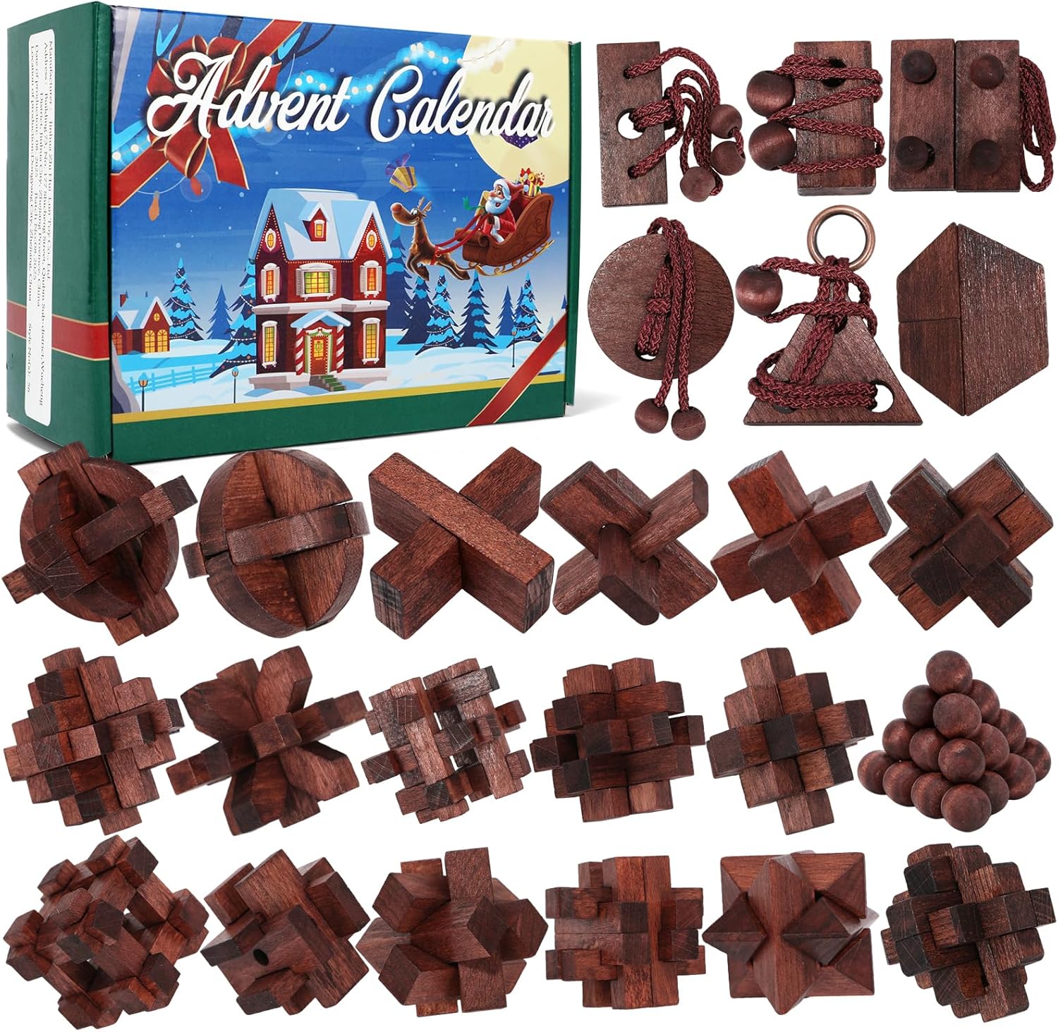 Advent Calendar 2025, Christmas Countdown Calendar Gift Box with 24 Brain Teaser Puzzles, 24 Days Wooden Brain Teaser Puzzles Xmas Countdown Calendar Challenge for Adults Teens Boys Girls