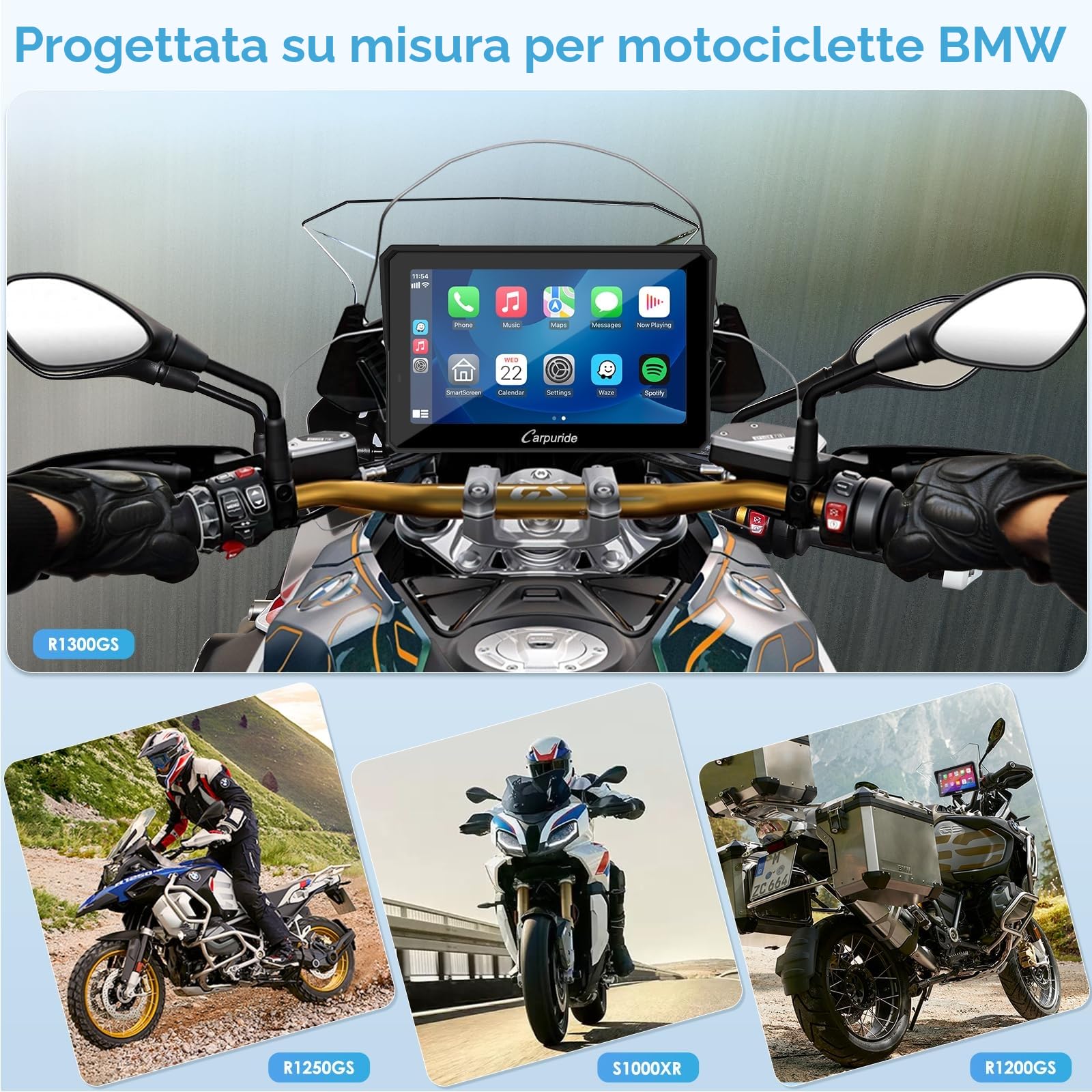Carpuride W702B Pro Moto Carplay Schermo con Supporto per BMW Moto, Wireless CarPlay e Android Auto, 7 Pollici Impermeabile Touchscreen, Doppio Bluetooth, Interfono Funzione, Navigazione.