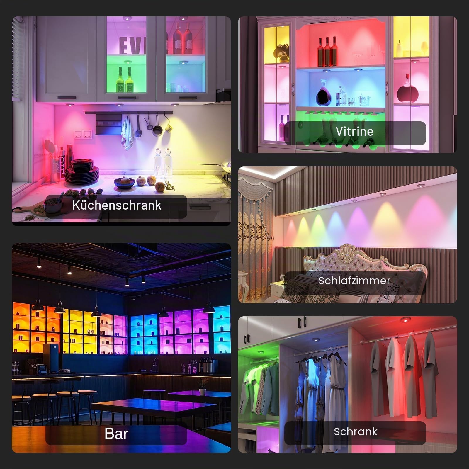 RGB LED Vitrinenbeleuchtung Kabellos mit Fernbedienung, Silber, 5 Stück