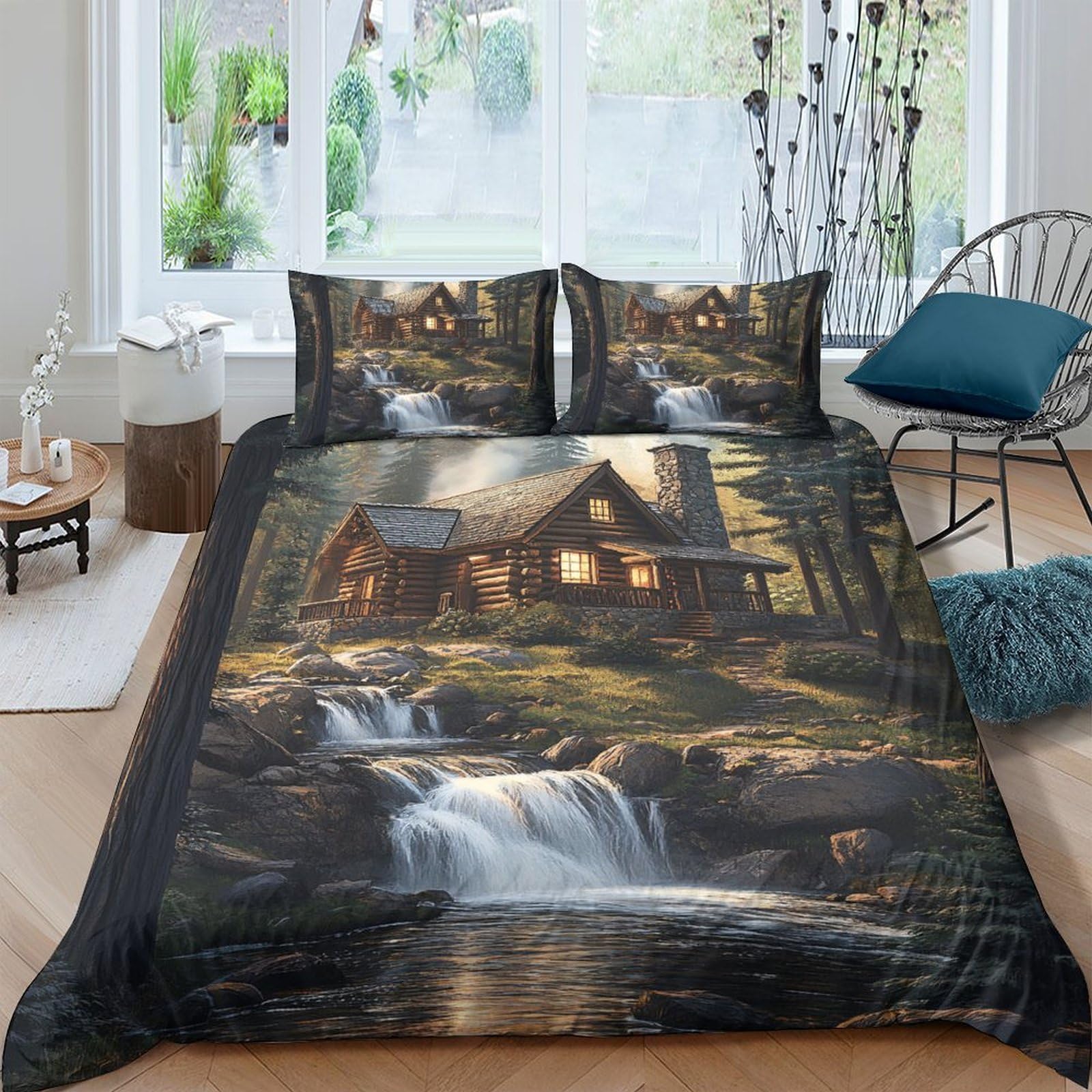 Ctjqhvkz Style-10 3D Printed Waterfall Cabin Fitted Sheet Microfiber Soft Breathable Forest Landscape Bed Cover Bedroom Decor Single（135X200cm）