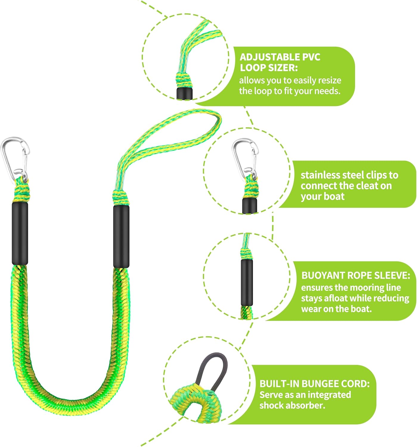 Single Hook Bungee Dock Lines – Heavy-Duty Elastic Mooring Ropes for Boats, PWCs & Kayaks | Adjustable PVC Sleeve | 316 Stainless Steel Clip (2, Green & Yellow, 4 Feet)